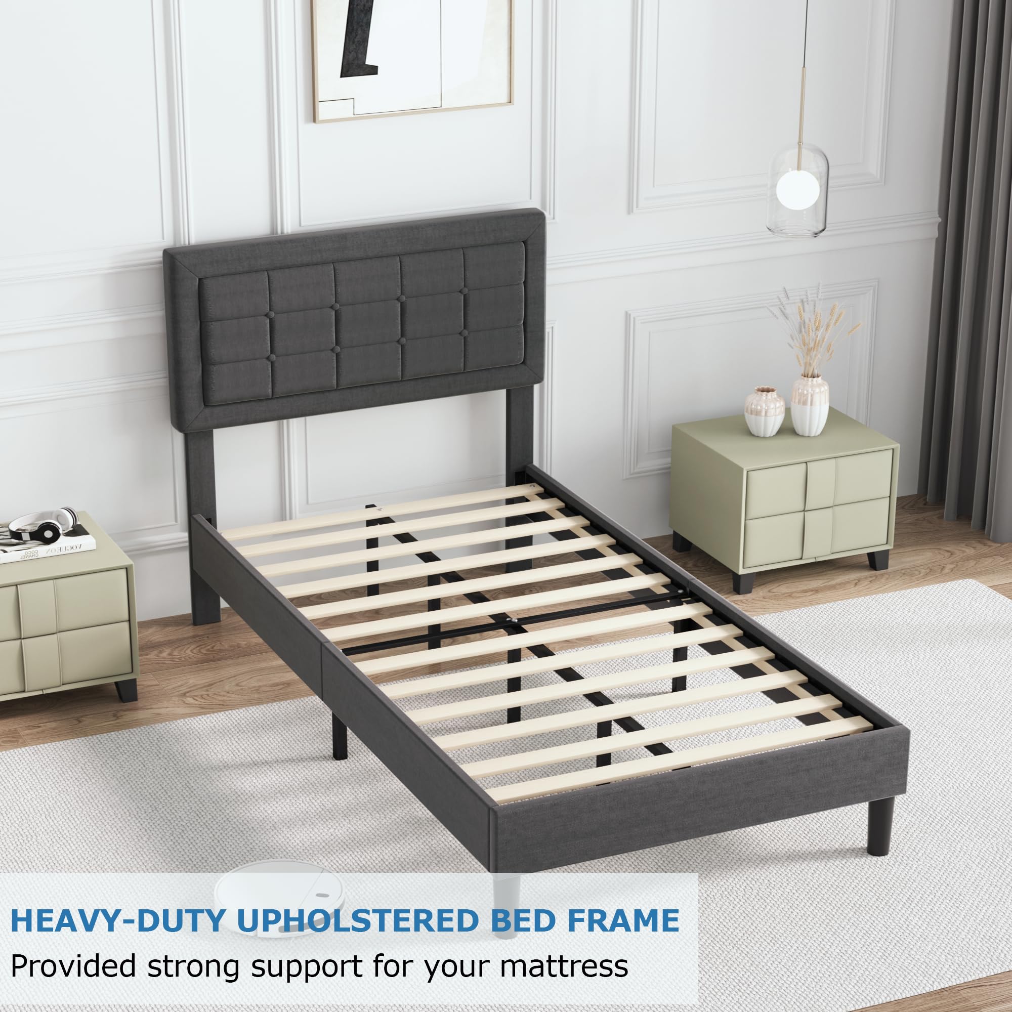 VECELO Twin Size Upholstered Bed Frame with Adjustable Headboard - Heavy Duty Platform Bed Frame with Wood Slat Support, No Box Spring Needed - Dark Gray - Perfect for Small Bedrooms, Guest Rooms & Dormitories