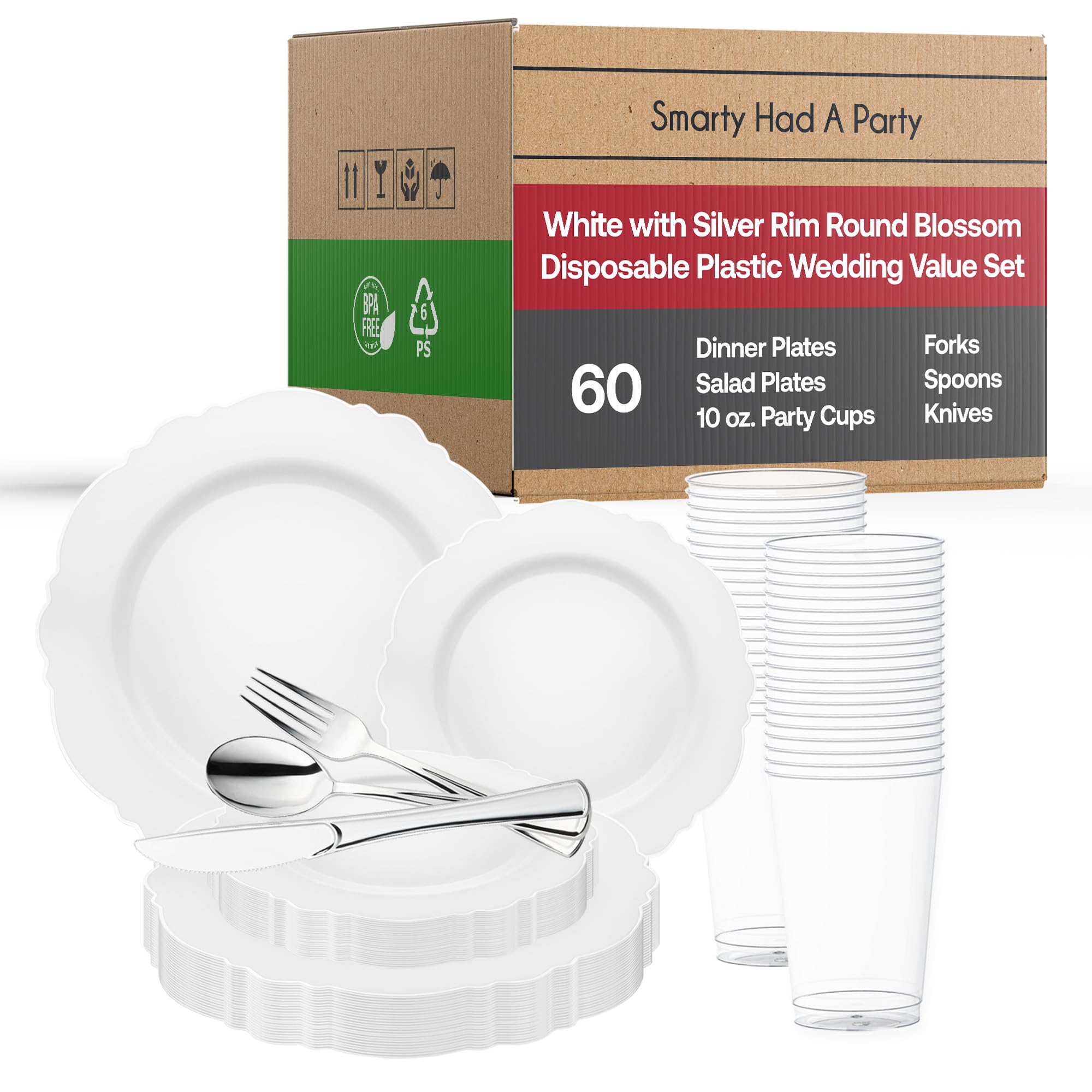 Elegant Heavy Duty Disposable Plastic Dinnerware Sets - Blossom Rim Design Plates for Wedding, Birthday Party & Special Events (White with Silver, 60-Piece Value Set) | Perfect for Outdoor Catering, Banquets & Large Gatherings