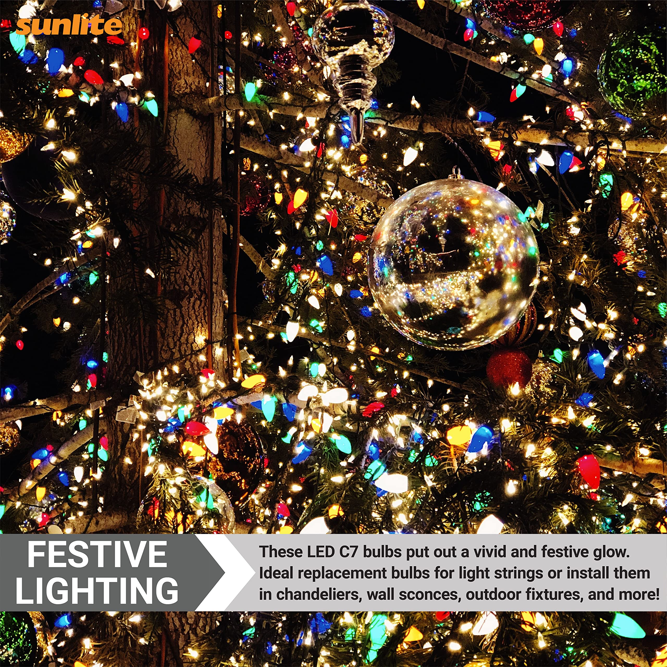 Sunlite 80702 LED C7 Holiday Decorative Light Bulb - 0.4W E12 Candelabra Base, Faceted Christmas Lights - Red (6 Pack) for Indoor/Outdoor Decor, Tree, Mantel & Nightlight Use