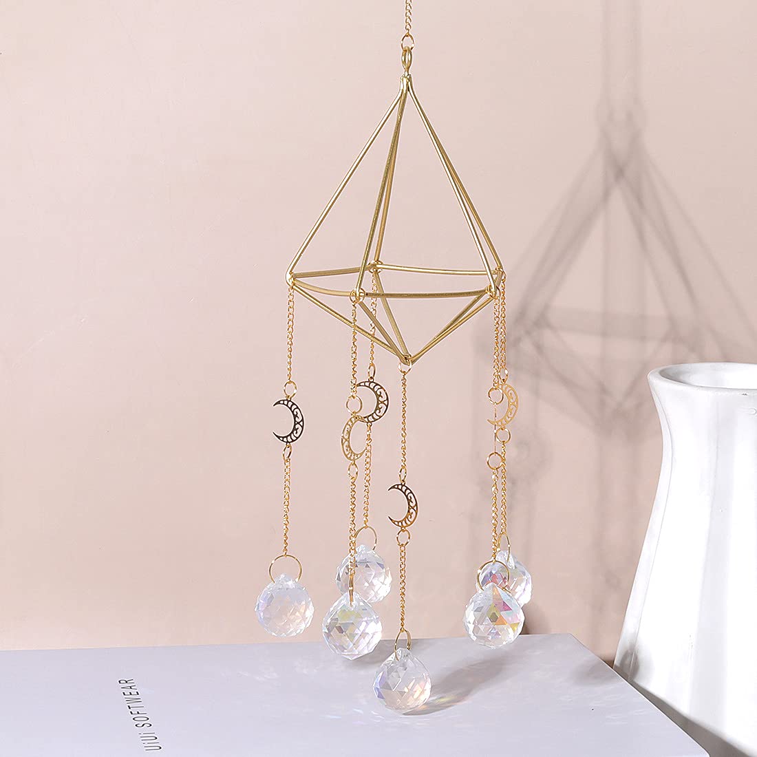 Gold Crystal Suncatcher - Rainbow Maker Window Decor with AB Coated Moon & Prism Balls | Light Catcher Hanging Ornament for Home, Garden, Wedding & Gift Giving