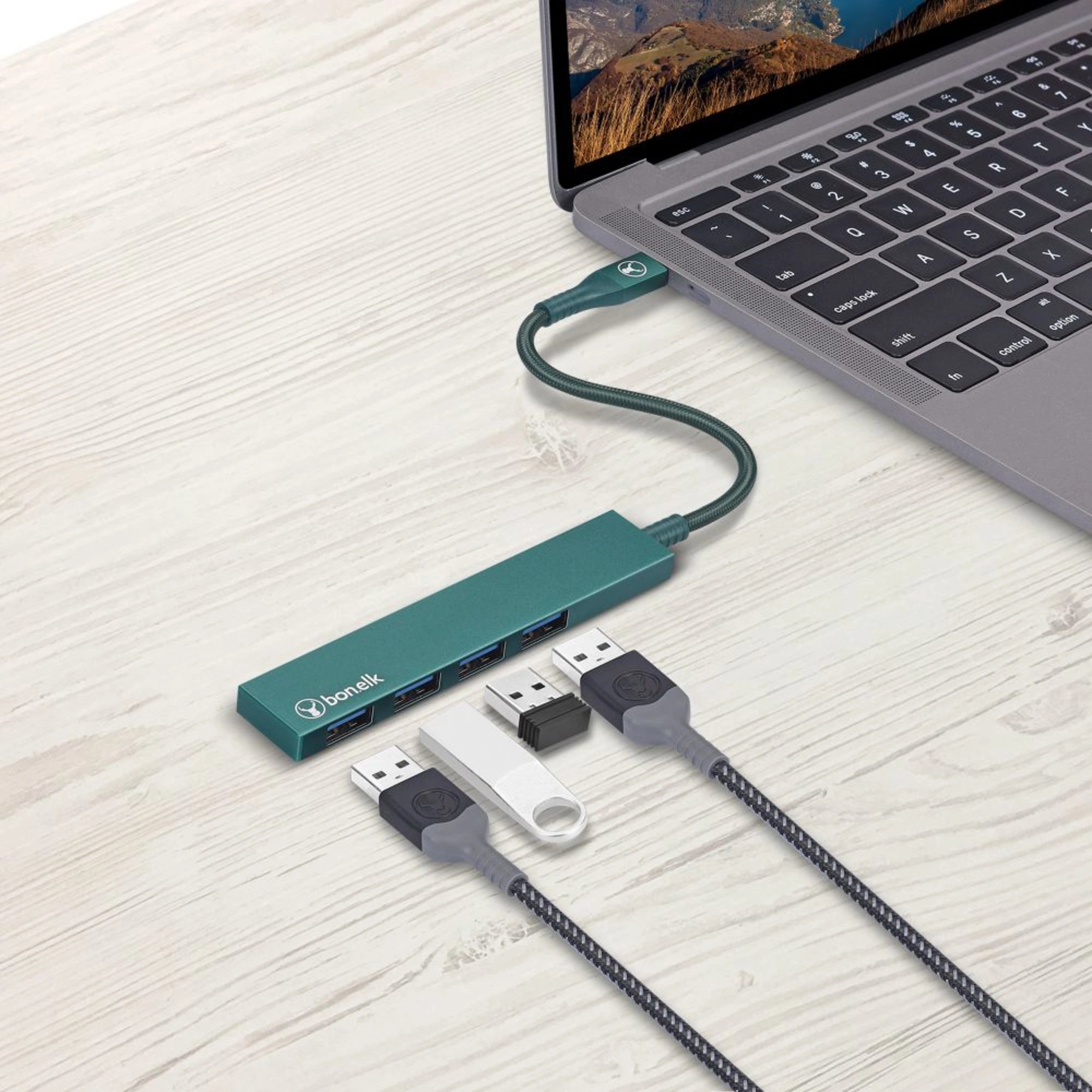 Bonelk Long Life USB C to 4 Port USB 3.0 Hub Adapter - Slim Multi-Port USB Splitter for Laptop, MacBook, PC (Green) | Perfect for Office, Travel & Home Workspace Connectivity