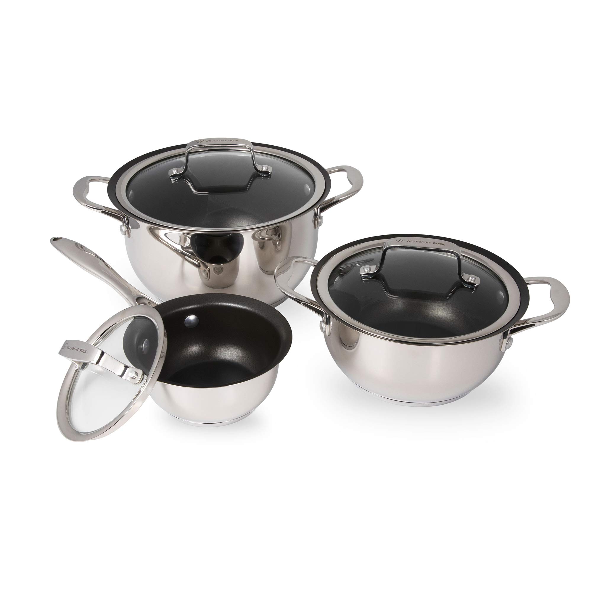 Wolfgang Puck 6-Piece Stainless Steel Cookware Set - Nonstick Pots & Pans with Tempered Glass Lids, Cool-Touch Handles & Pouring Rims | Perfect for Boiling, Frying & Everyday Cooking in Modern Kitchens