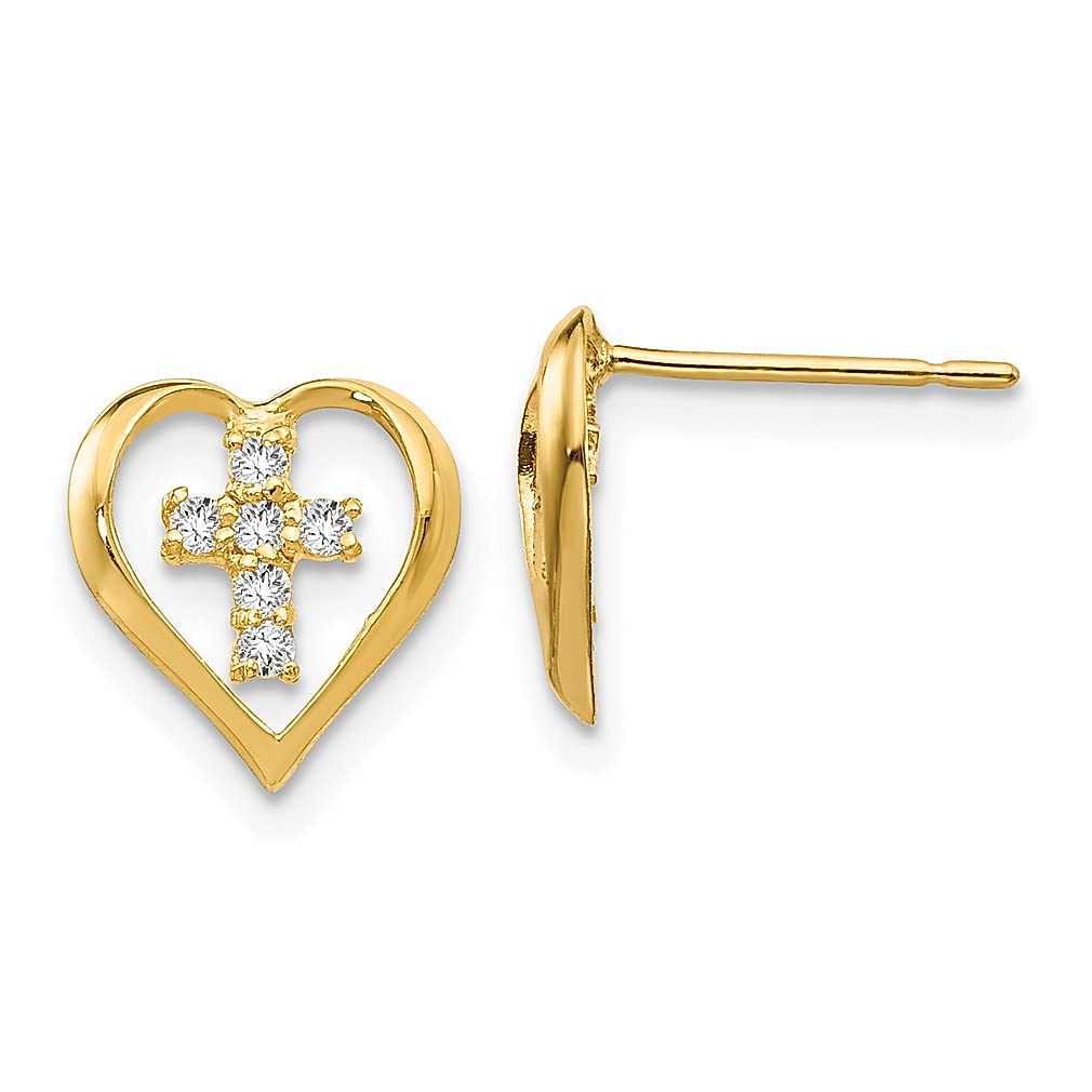 14K Yellow Gold Cubic Zirconia Heart Cross Stud Earrings for Women - Religious Jewelry, Fine Gift for Her - Perfect for Baptism, First Communion, Confirmation & Everyday Wear
