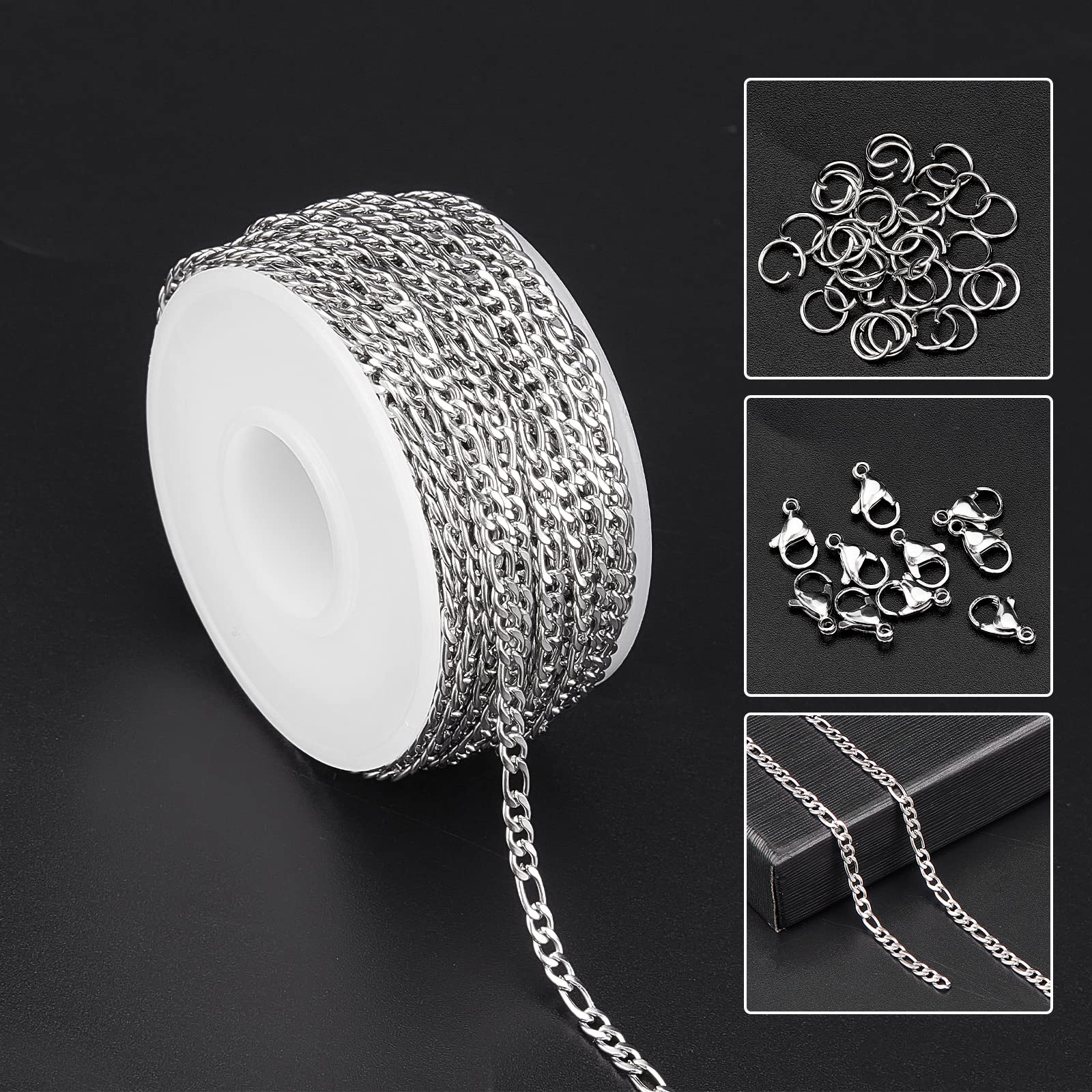 SunnyClue DIY 10M 32.8 Feet 3MM Silver Figaro Chain Roll - Silver Plated Stainless Steel Cable Link Chain Bulk for Jewelry Making, Necklaces, Bracelets, Crafting Supplies - Perfect for DIY Gifts, Fashion Accessories & Home Decor