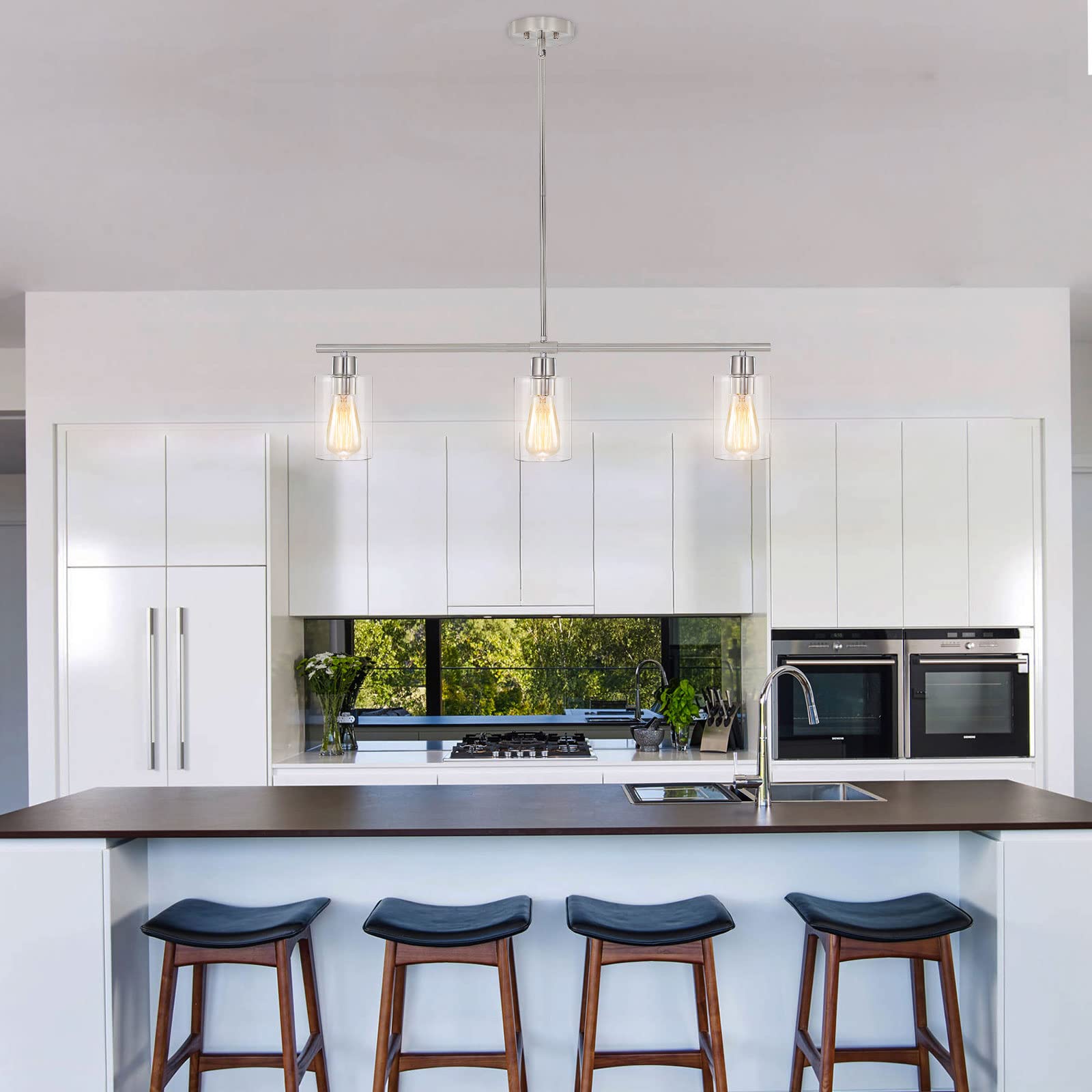 ETONIMERR 3-Light Brushed Nickel Modern Kitchen Island Pendant Light with Glass Shade - Industrial Linear Hanging Lighting Fixture for Dining Room, Bar Counter, and Kitchen Island Decor