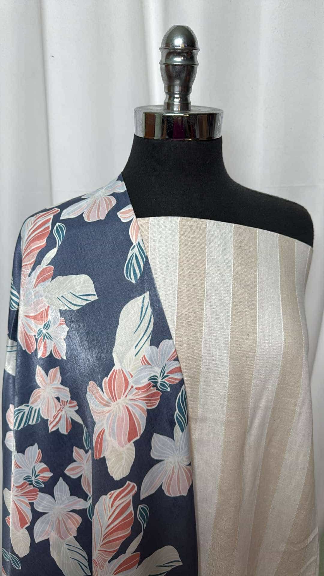 Floral Poly Satin and Stripe Linen Blend Fabric Bundle - 2 Yards Each for DIY Sewing, Home Decor, and Craft Projects | Perfect for Curtains, Pillows, and Table Runners | A26940