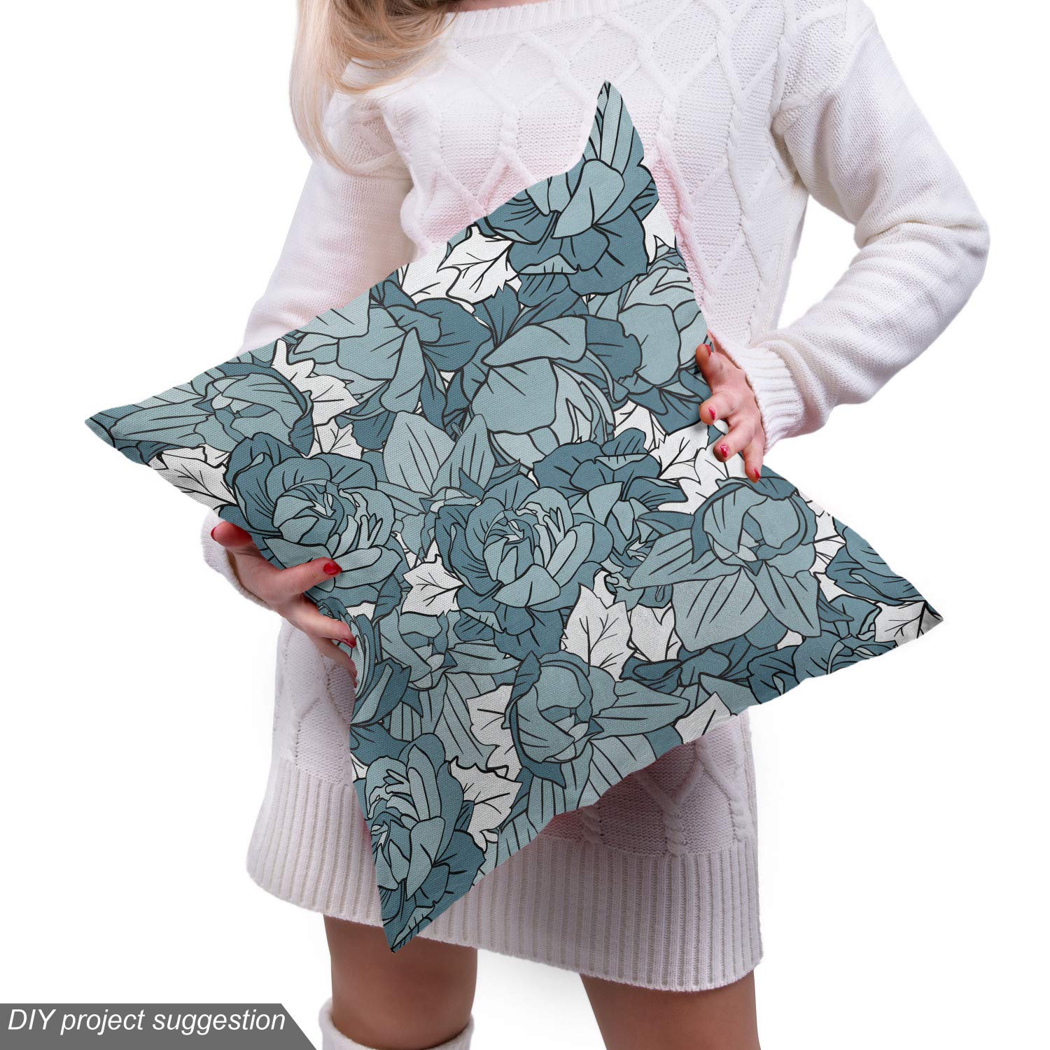 Ambesonne Floral Fabric by The Yard - Hand Drawn Botanical Spring Design in Slate Blue & White - Upholstery & Home Decor Fabric for Sofa, Curtains, Pillows - Perfect for Living Room, Bedroom Decor