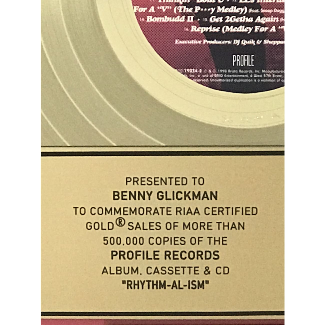 DJ Quik Rhythm Al-Ism RIAA Certified Gold Album Award Plaque - Perfect for Music Collectors & Hip-Hop Memorabilia Displays