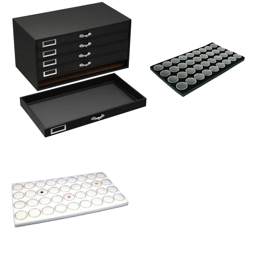 FindingKing 5-Drawer Black Jewelry Organizer with 36 Gem Jars (3 Black & 2 White) - Perfect for Necklace, Ring & Earring Storage - Ideal for Home, Travel & Gift Giving