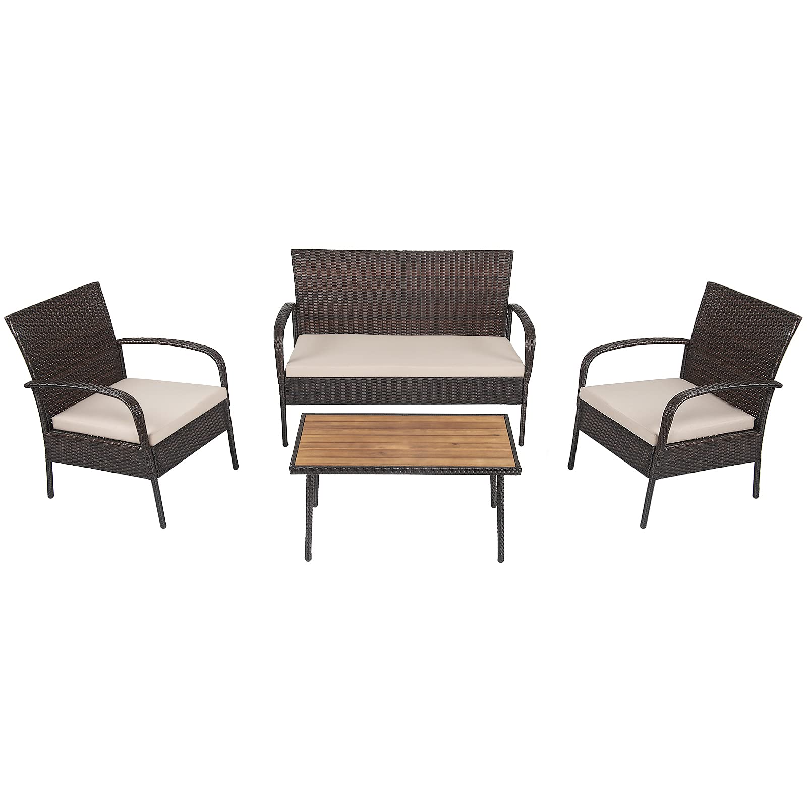 4-Piece Brown Wicker Outdoor Patio Conversation Set with Washable Cushions - Rattan Sofa & Chairs for Garden, Backyard, Poolside Relaxation