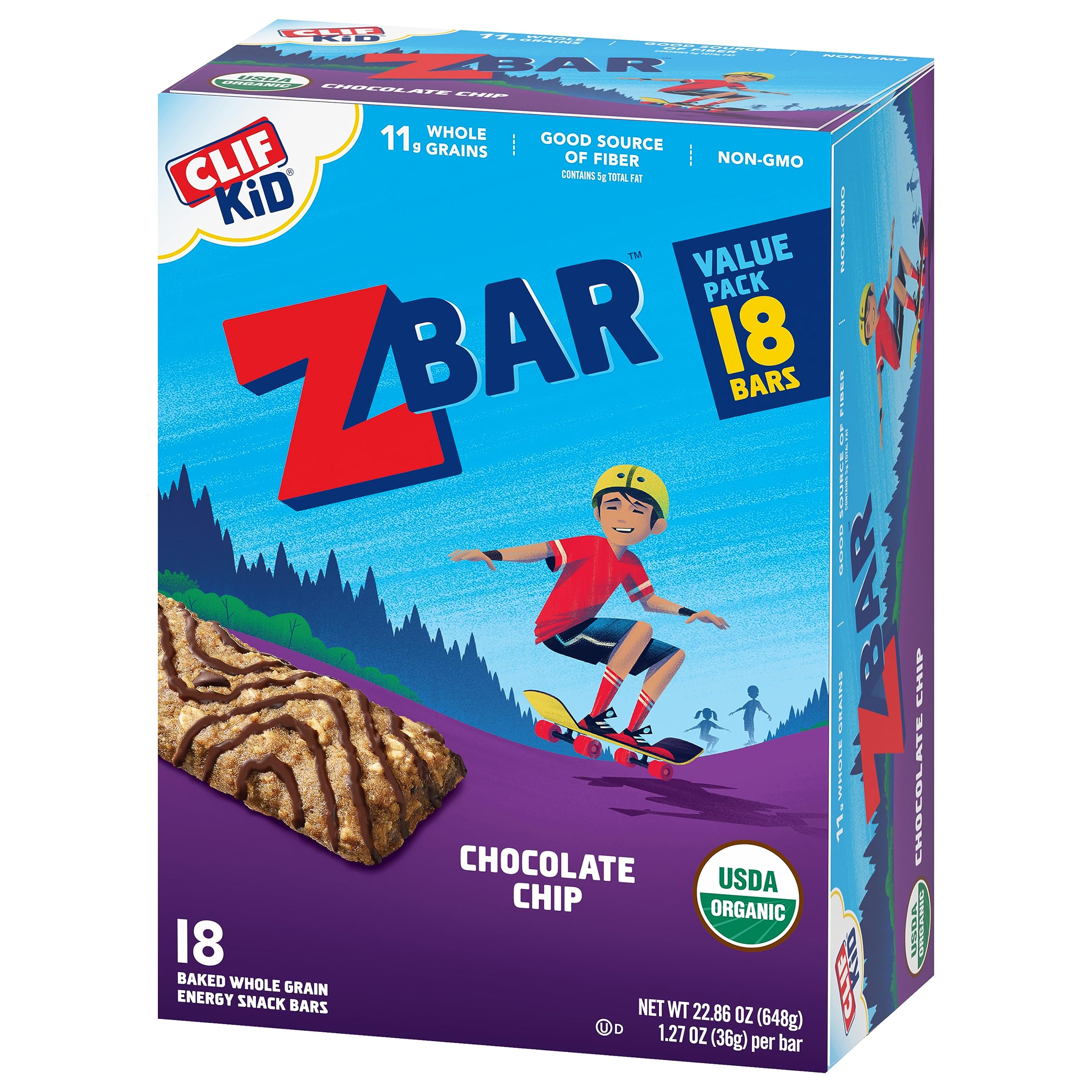 Organic CLIF Kid Zbar Chocolate Chip Snack Bars - 18 Pack for School Lunches & Outdoor Activities