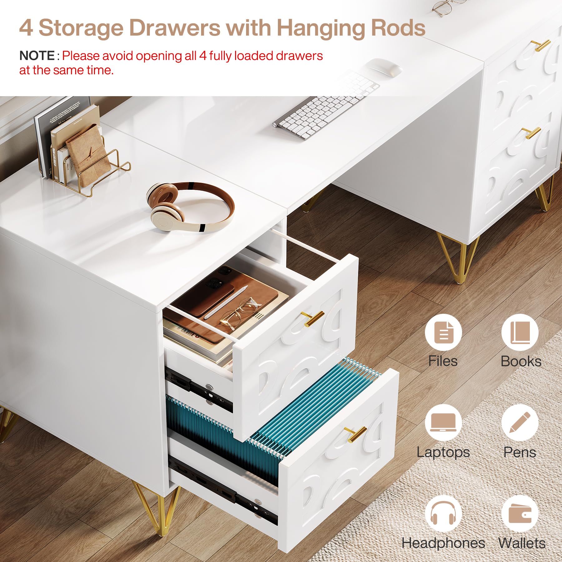 Tribesigns 59-Inch White Executive Office Desk with 4 File Drawers - Modern Writing Desk with Gold Metal Legs, Spacious Home Office Computer Desk for Work & Study - Perfect for Small Spaces & Remote Work