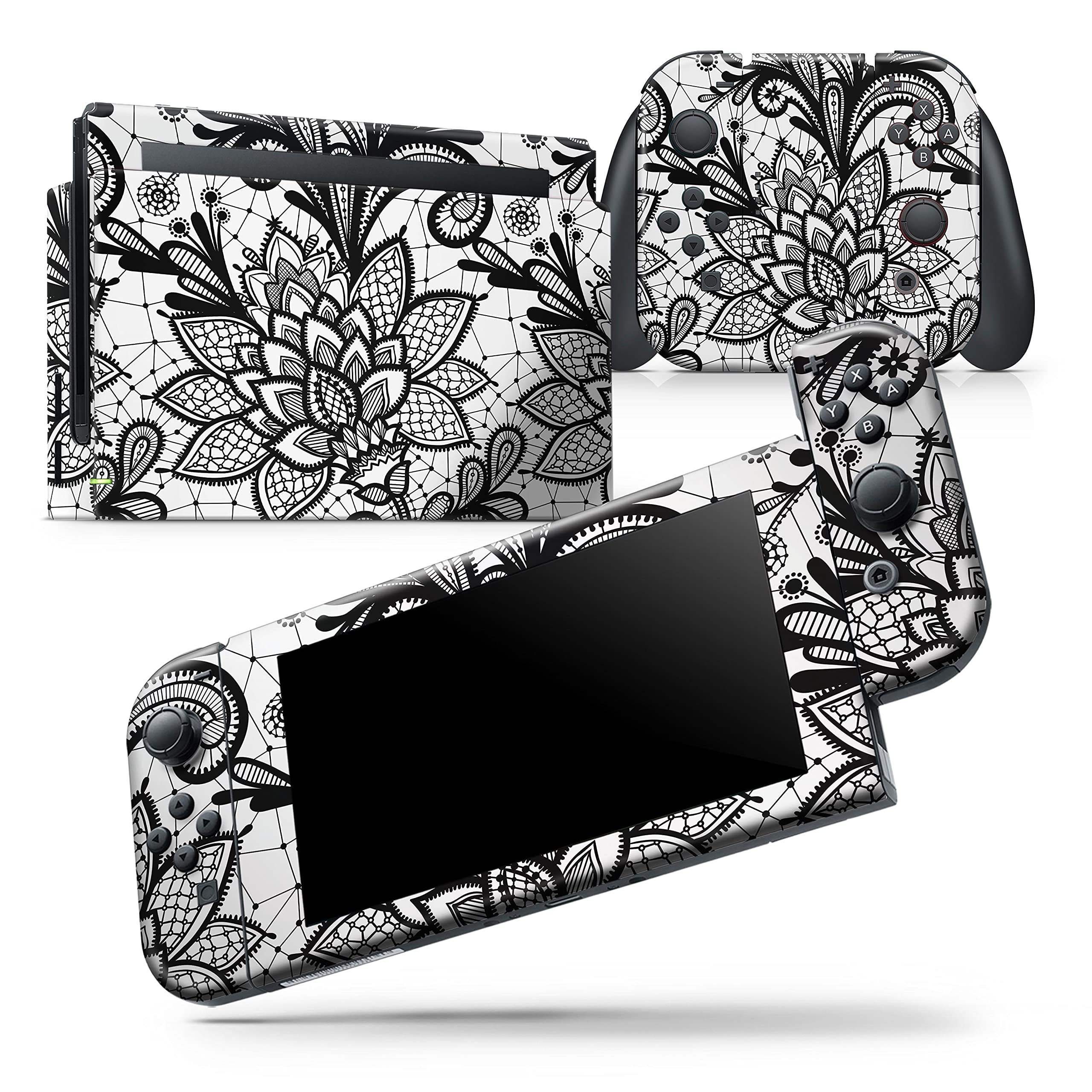 Nintendo Switch Lite Skin Decal - Black & White Geometric Floral Vinyl Wrap Cover | Scratch-Resistant, Removable Protective Cover | Perfect for Gaming, Travel & Personalization