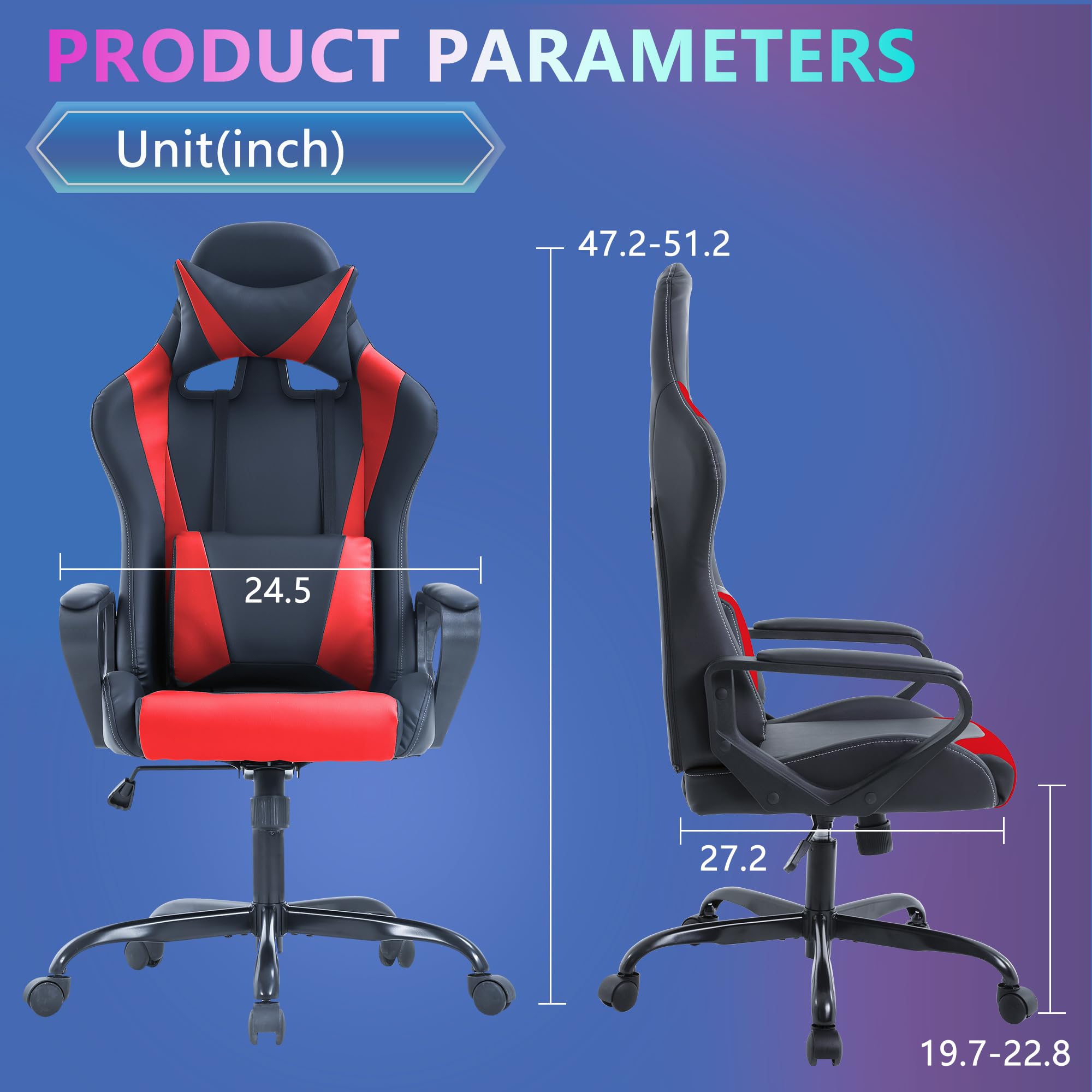 Ergonomic Racing Gaming Chair with Adjustable Armrests, 360° Swivel & Casters - High Back PU Leather Office Computer Desk Chair with Lumbar Support & Headrest for Back Pain Relief - Perfect for Home Office, Gaming Setup & Workstation (Red)