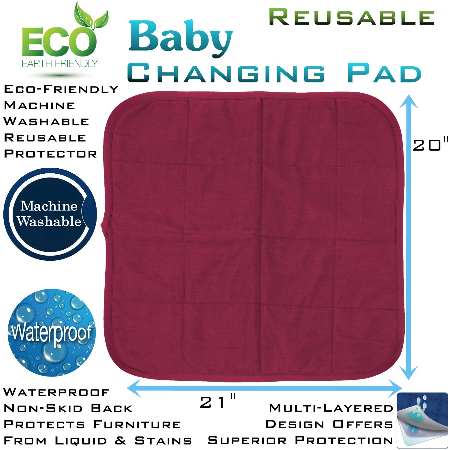 Comfort Finds Baby Changing Pad - Absorbent & Reusable Diaper Changing Mat - Portable Waterproof Toddler Changing Liner (Burgundy) - Perfect for Nursery, Travel & On-the-Go Diaper Changes