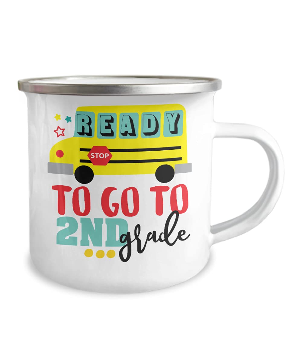 Zapbest 12oz Stainless Steel Enamel Kids Coffee Mug - Ready for 2nd Grade, Durable School Travel Mug for Children, White Camper Design - Perfect for School, Camping & Family Road Trips