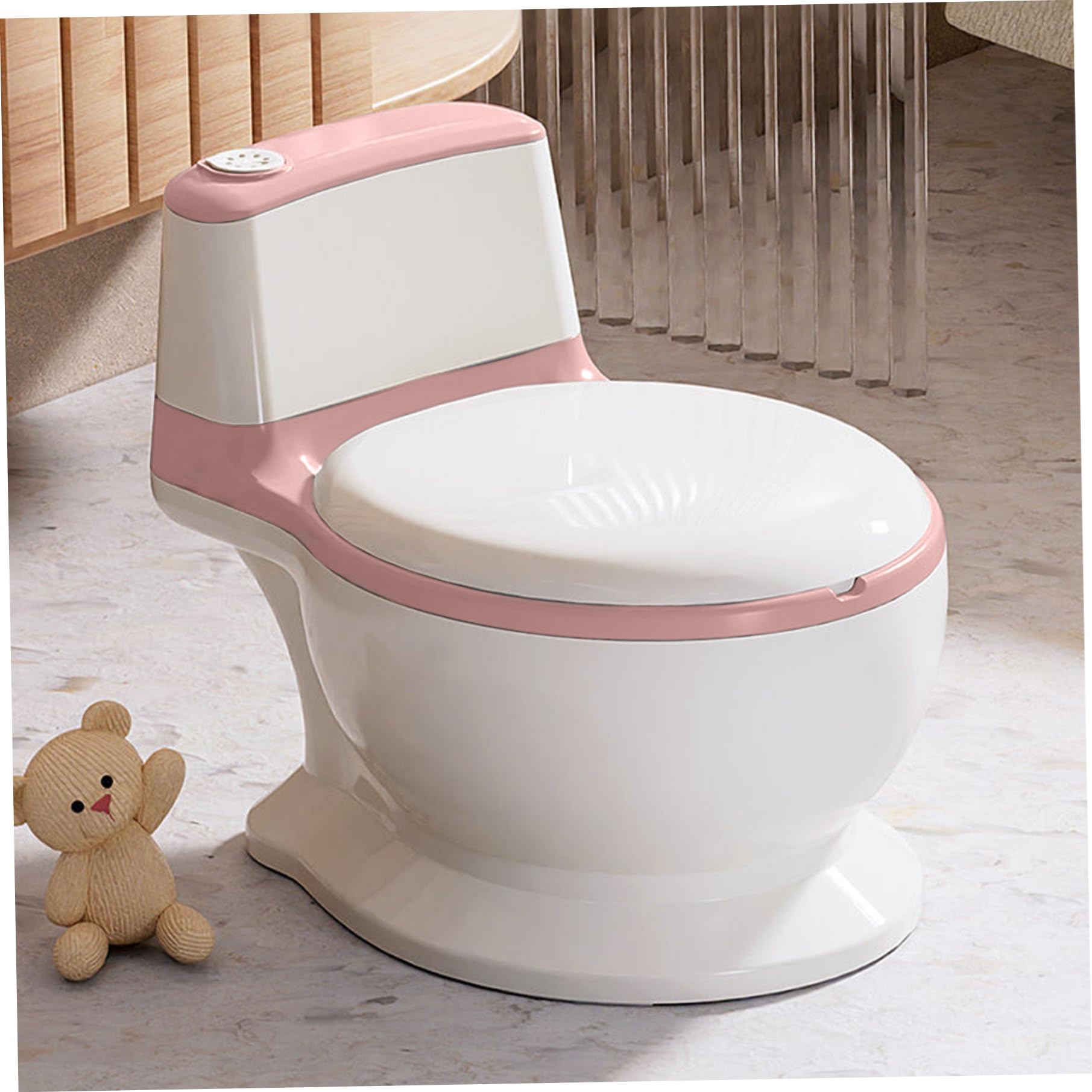 **Realistic Toddler Potty Training Toilet with Lifelike Flushing Sound – Splashproof PVC Seat Cushion for Kids 18+ Months – Pink | Perfect for Home, Daycare & Travel Potty Training**