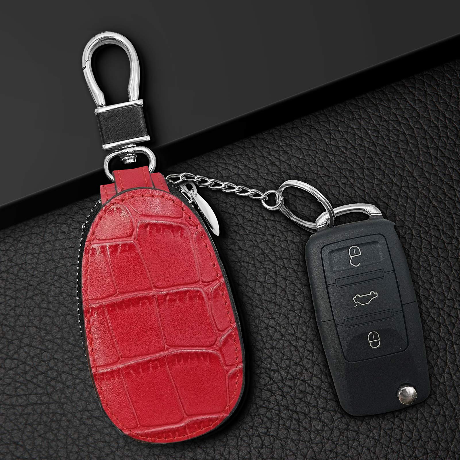 Premium Crocodile Pattern Leather Key Case - Universal Key Fob Holder with Metal Hook & Keychain - Perfect for Car, Home & Office Keys Organization