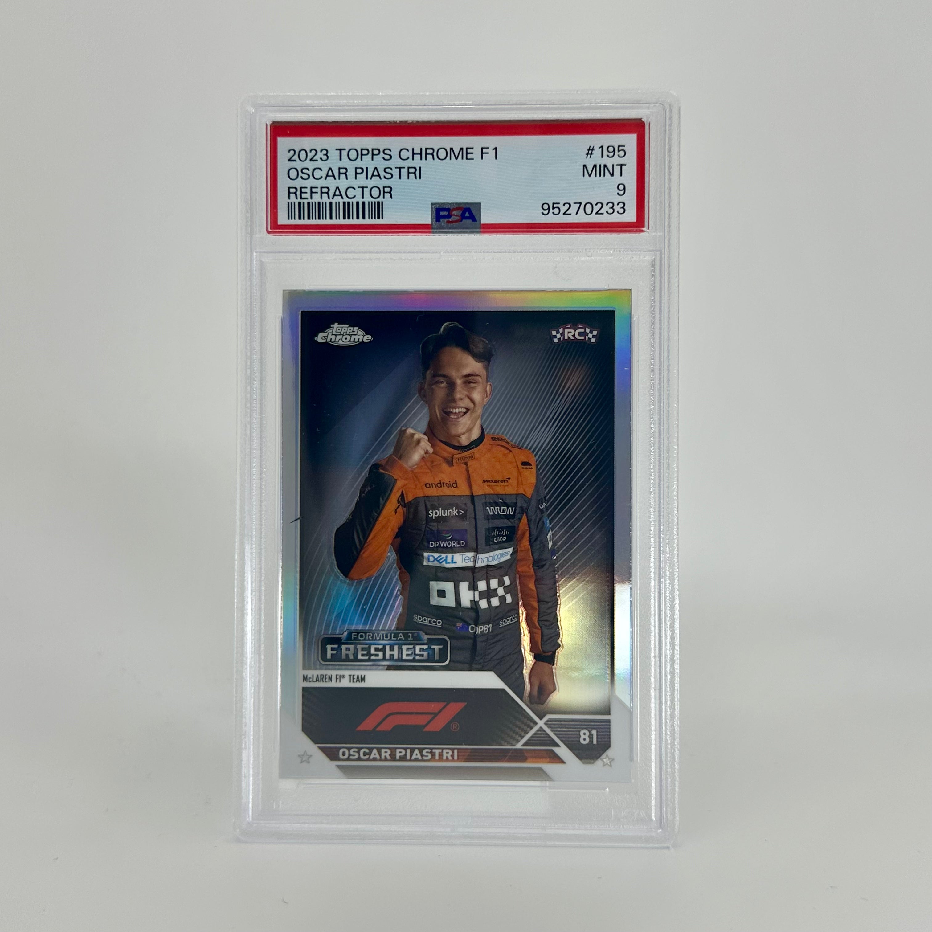 2023 Topps Chrome F1 Oscar Piastri #195 PSA 9 Rookie Refractor Card - Perfect for F1 Collectors and Racing Fans Display
