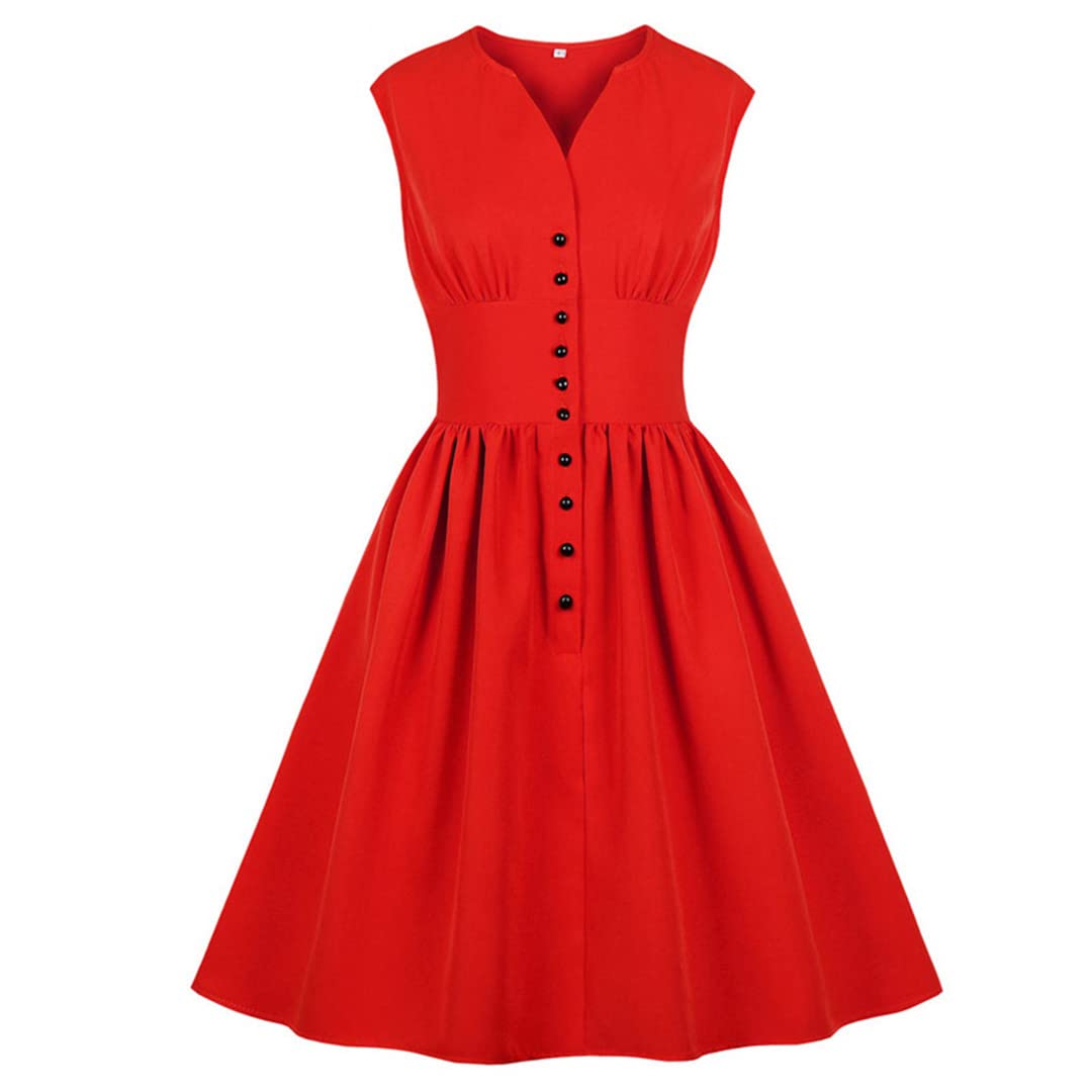 Vintage Red High Waist Summer Dress for Women - Single Breasted V-Neck Sleeveless Flowy Dress | Perfect for Beach Vacation, Date Night & Casual Outings