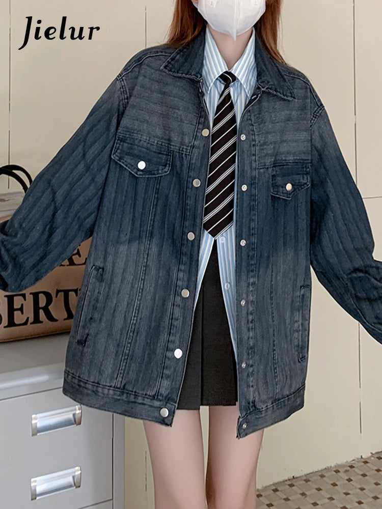 Vintage Striped Denim Jacket for Women - Autumn Long Sleeve Loose Fit Single Breasted Coat with Lapel, Streetwear Gradient Top (S-XL) | Casual Outing, Fall Fashion, Boho Style