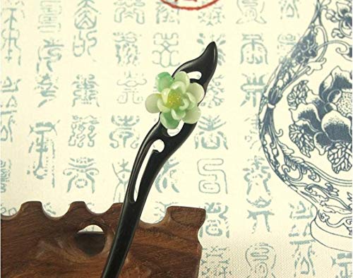 Handmade Wooden Hair Stick - Chinese Ancient Style Carved Hair Pin with Ebony & Jade Flower for Women | Perfect for Bun Updos, Weddings & Traditional Hairstyles
