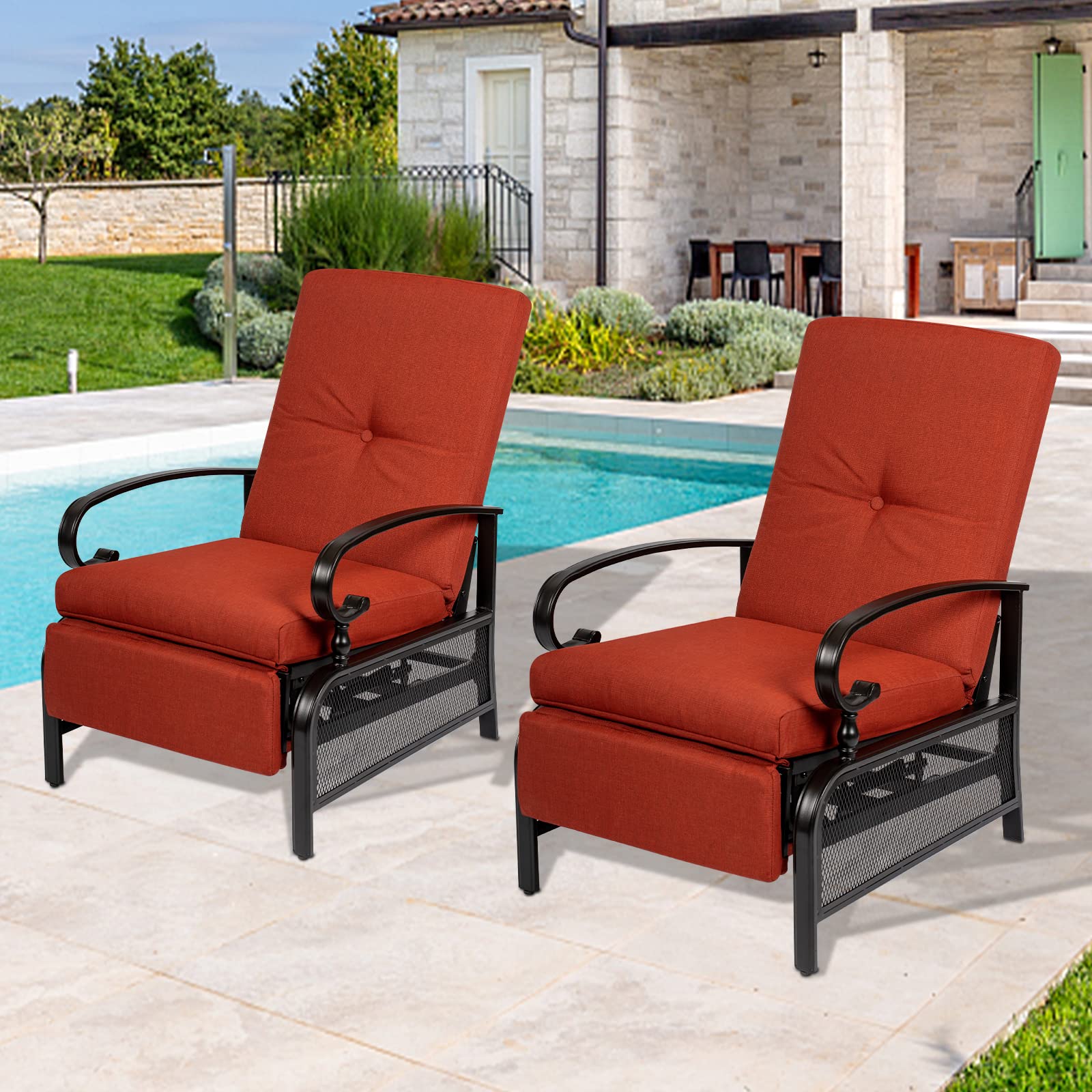 Incbruce 2-Piece Outdoor Lounge Chair Set with Adjustable Recliner, Retractable Steel Frame & Removable Thick Cushions - Red Patio Furniture for Poolside, Garden, Deck, and Backyard Relaxation