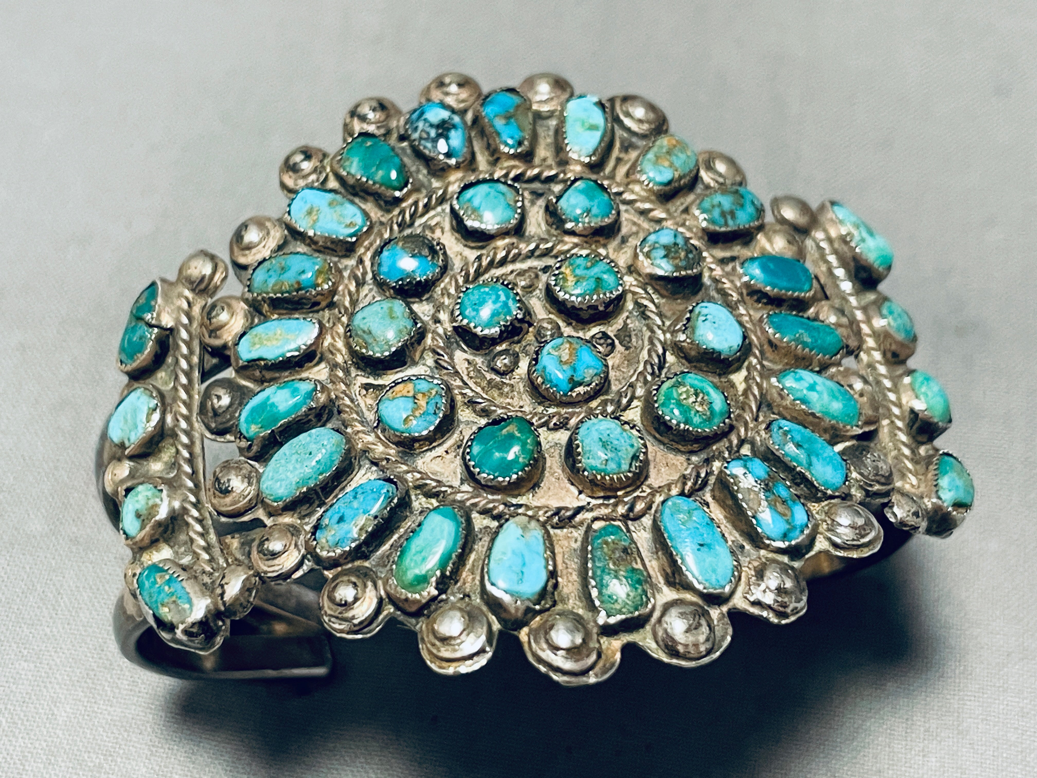 Vintage 1940s Navajo Native American Turquoise Sterling Silver Cluster Bracelet - Handmade Southwest Jewelry for Women, Boho Fashion & Tribal Style Accessories