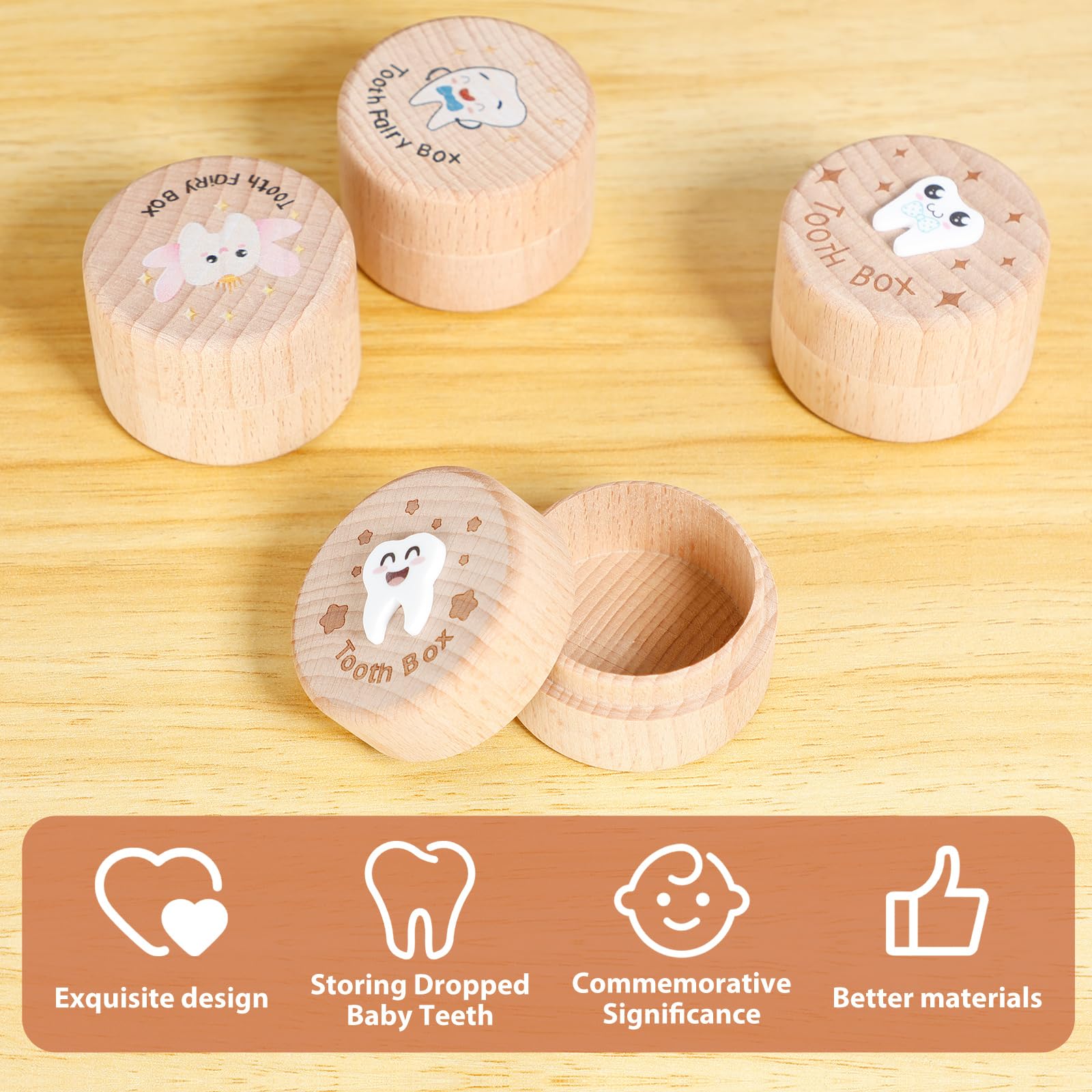 4 Pcs Wooden Tooth Storage Box for Kids - Lost Teeth Container, Baby Tooth Keepsake Box for Boys & Girls - Perfect for Tooth Fairy Gifts, Birthday Presents & Childhood Memory Preservation