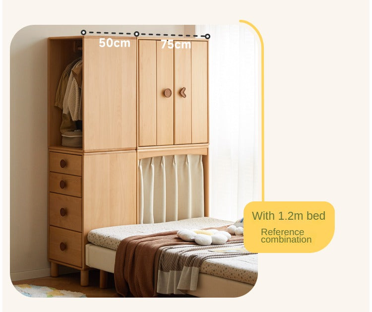 Solid Wood Beech & Rubber Kids Wardrobe - Multi-Functional Storage Cabinet for Bedroom, Nursery, and Playroom Organization