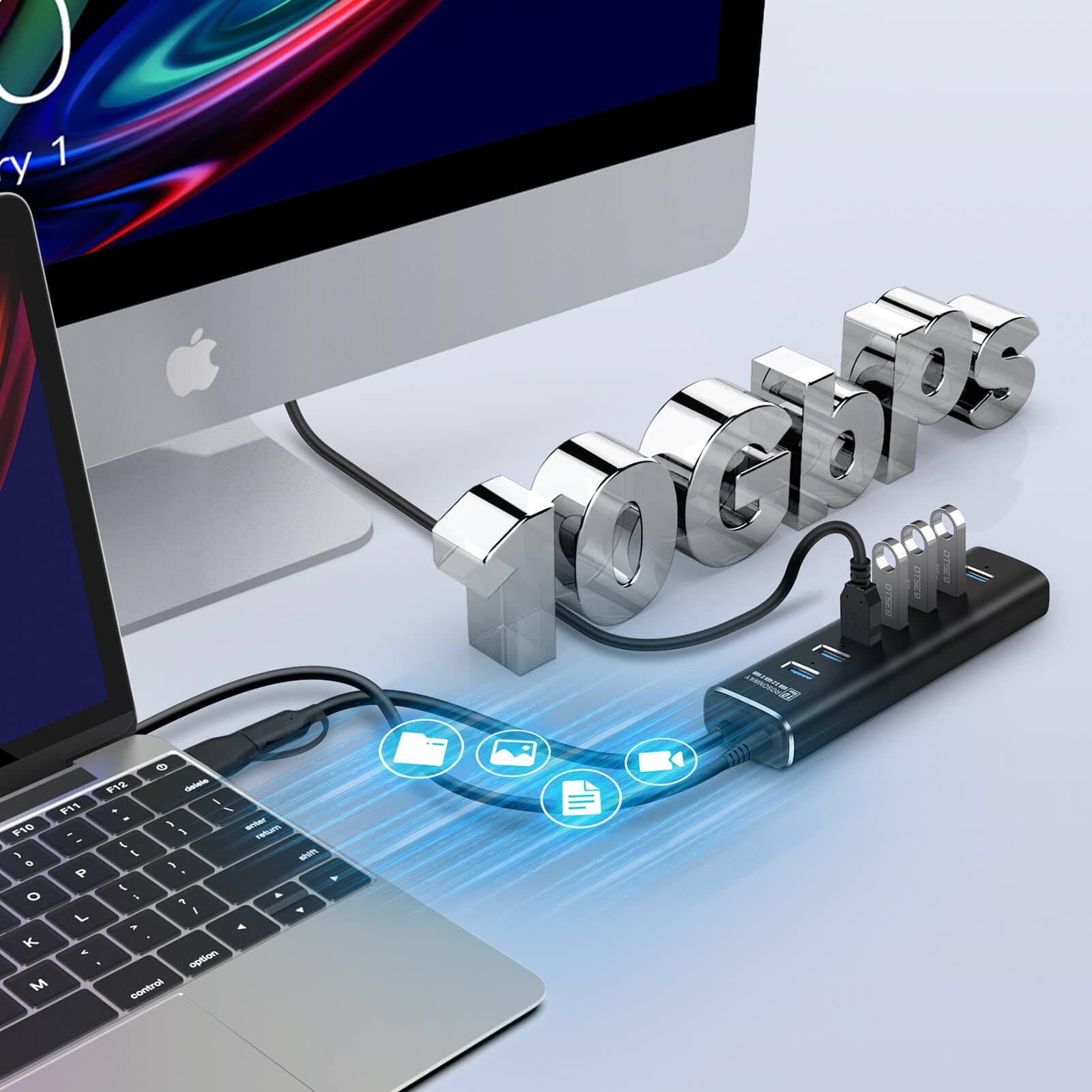 Rosonway 7-Port USB 3.2 Gen 2 Hub with 10Gbps Speed, Individual Power Switches & 24W Adapter - Aluminum USB-C Hub for Laptop, PC, MacBook - Ideal for Home Office, Gaming Setup & Multi-Device Charging Station