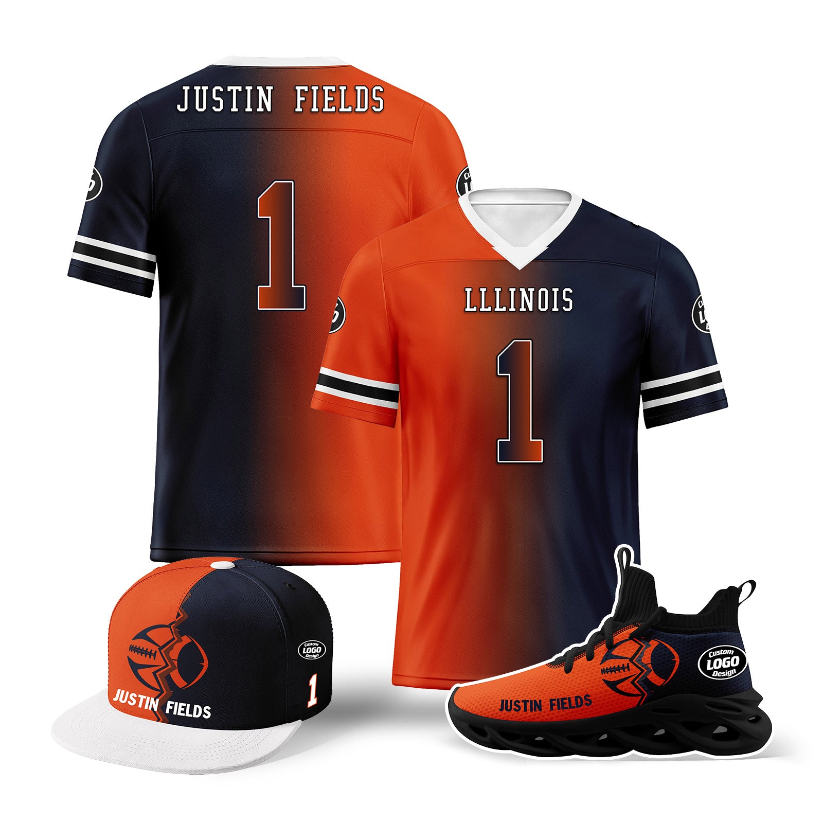 Custom Illinois Football Jersey & MaxSoul Shoes Combo - Personalized Deep Blue & Orange Team Outfit for Fans | Perfect for Game Day, Tailgating & Sports Events
