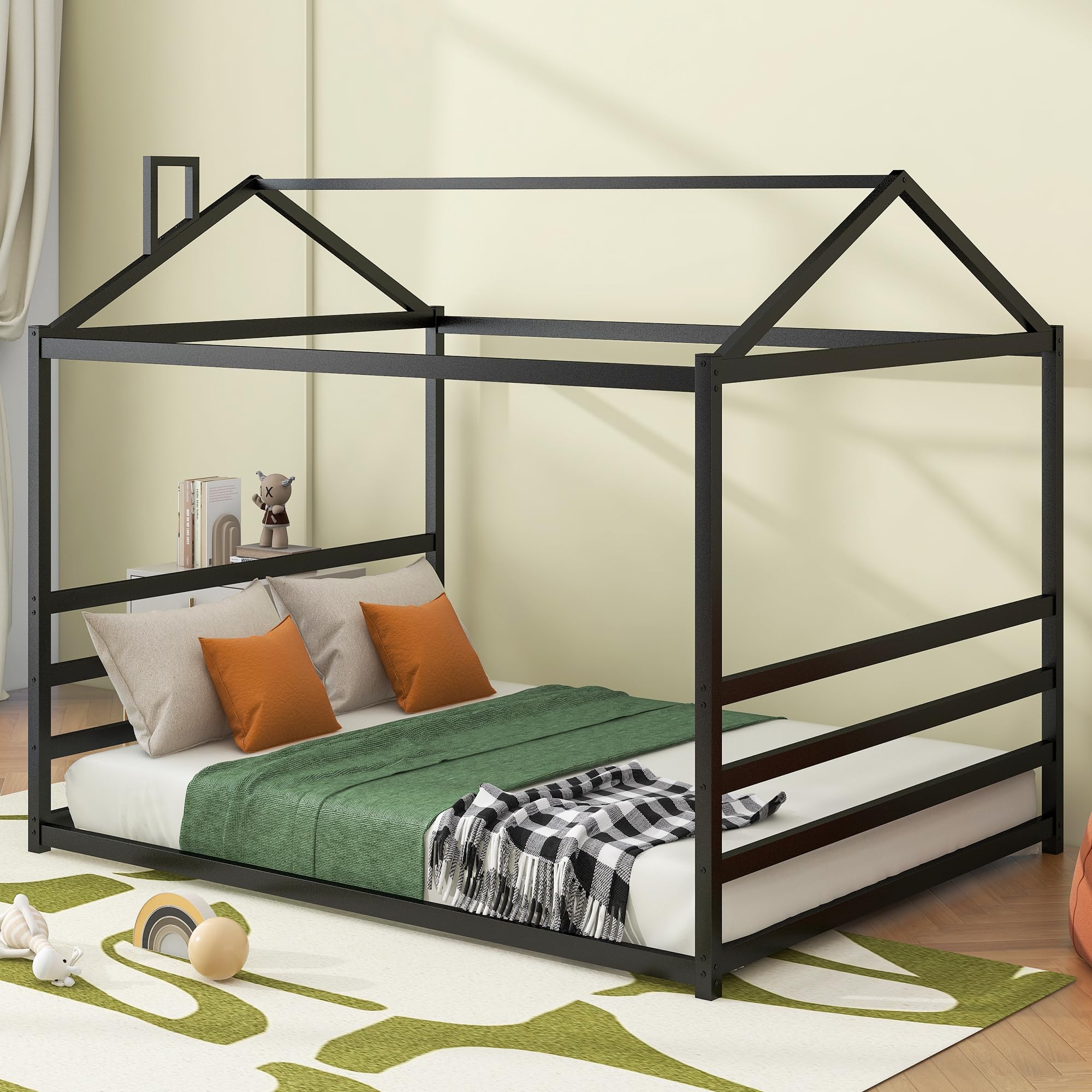 Queen Size Metal House Shape Platform Bed Frame for Kids & Teens - Sturdy Black Floor Bed with Decoratable Tent for Boys & Girls Bedroom | Perfect for Sleepovers, Playtime & Cozy Reading Nook