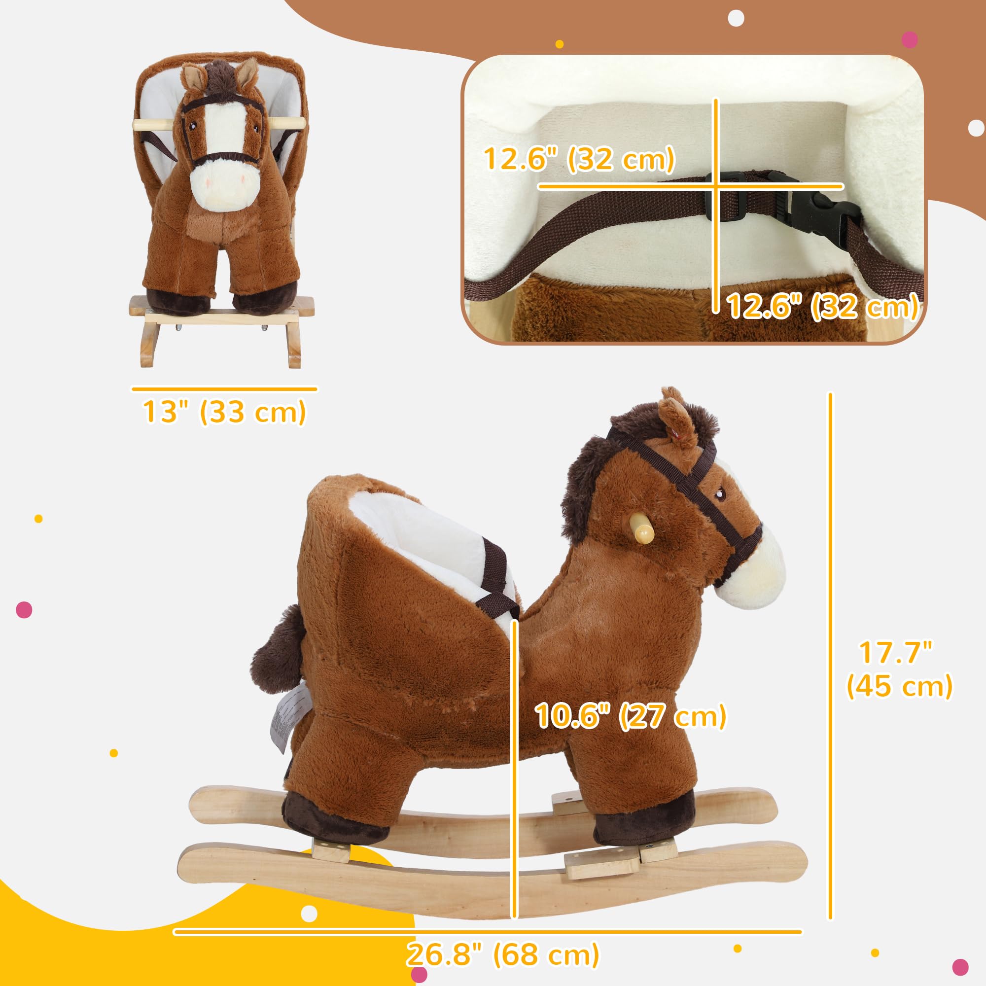 Qaba Baby Rocking Horse - Soft Plush Animal Rocker with Sound Effects, Sturdy Wooden Base & Safety Belt for Toddlers 18-36 Months (Brown) - Perfect Nursery Decor & First Ride-On Toy for Boys & Girls