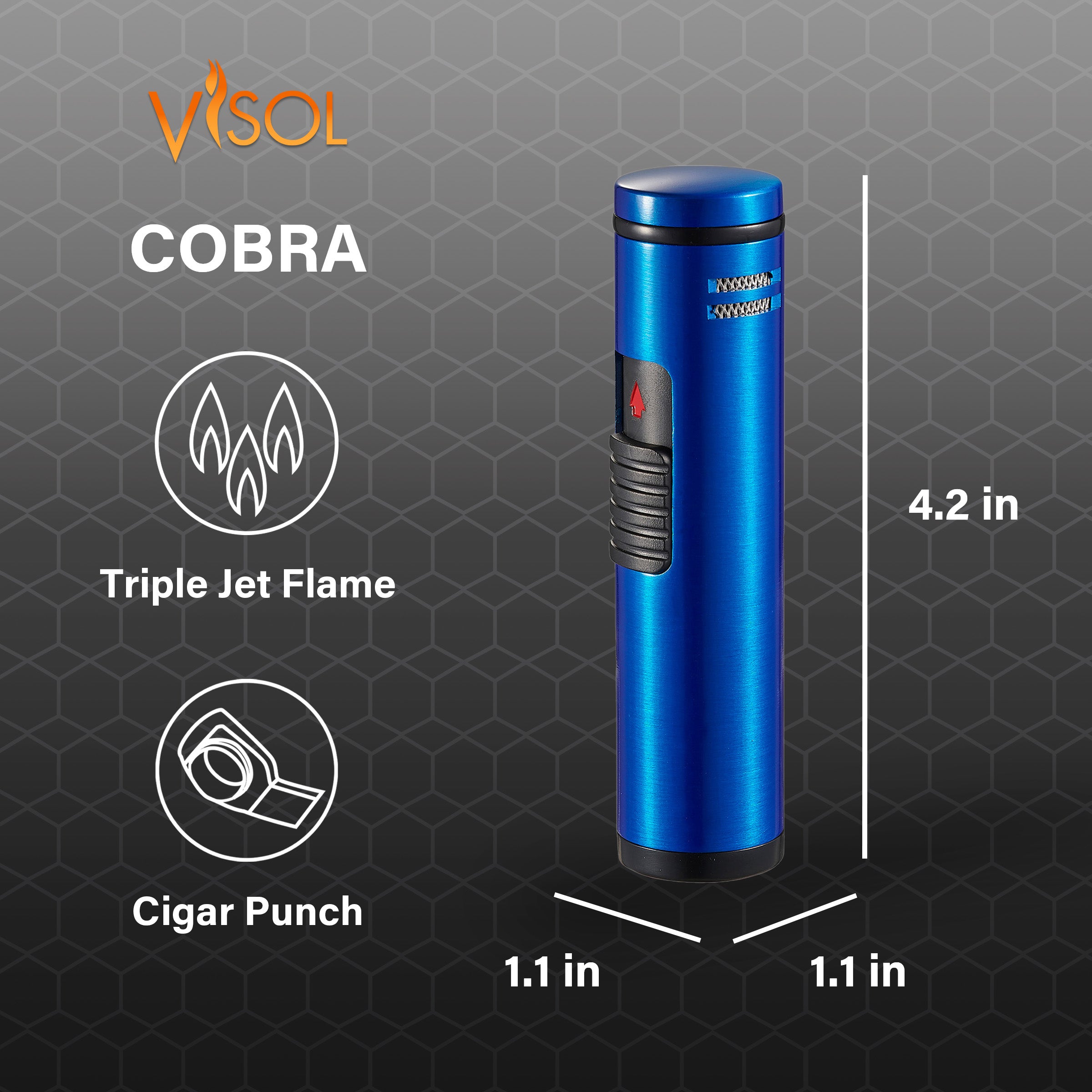 Visol Cobra Triple Flame Cigar Lighter - Windproof Butane Torch Lighter with Punch Cutter (Blue) - Perfect for Cigars, Cigarettes & Outdoor Use