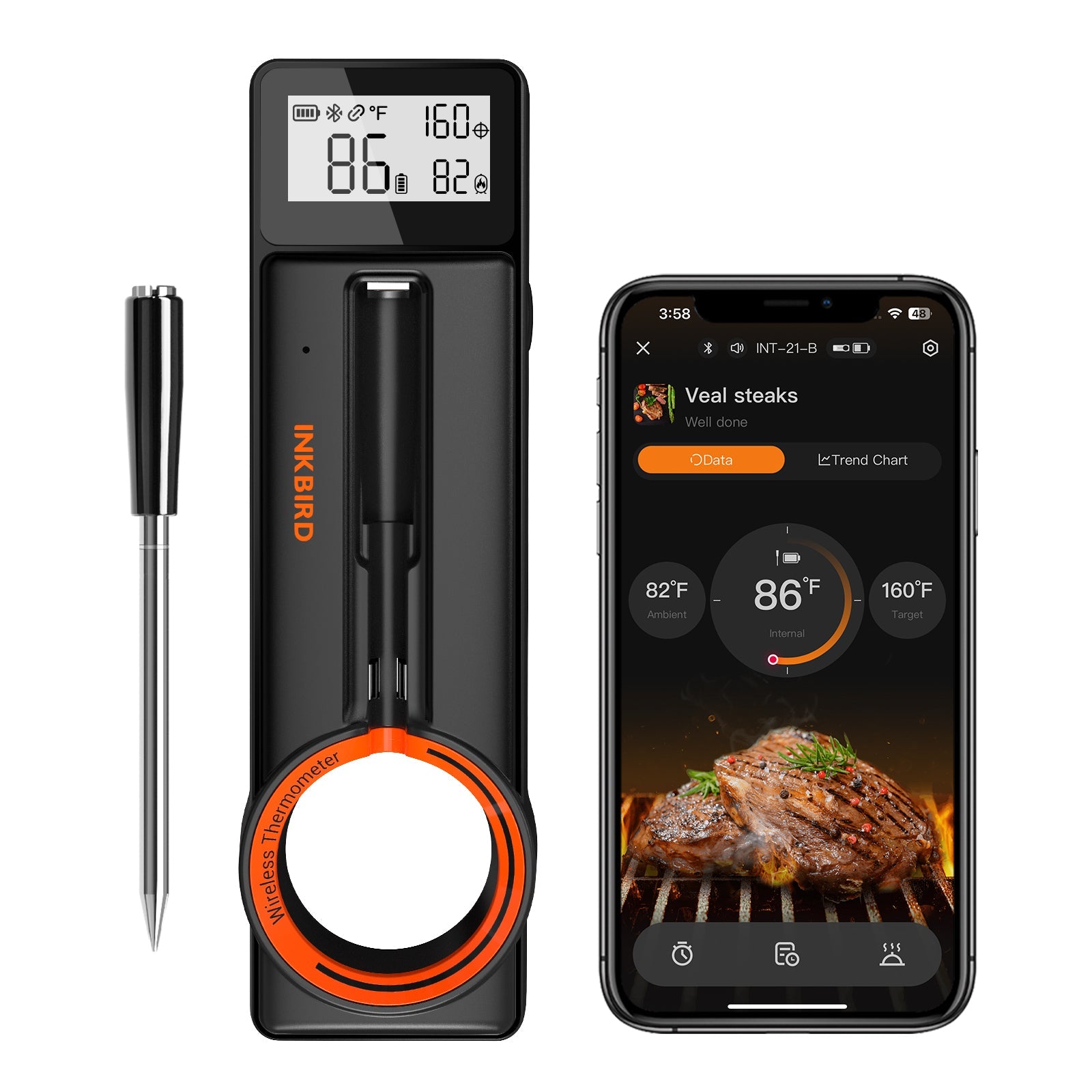 Wireless Bluetooth Meat Thermometer INT 21 B - Digital Cooking Thermometer for Grilling, Smoking, BBQ & Kitchen Use
