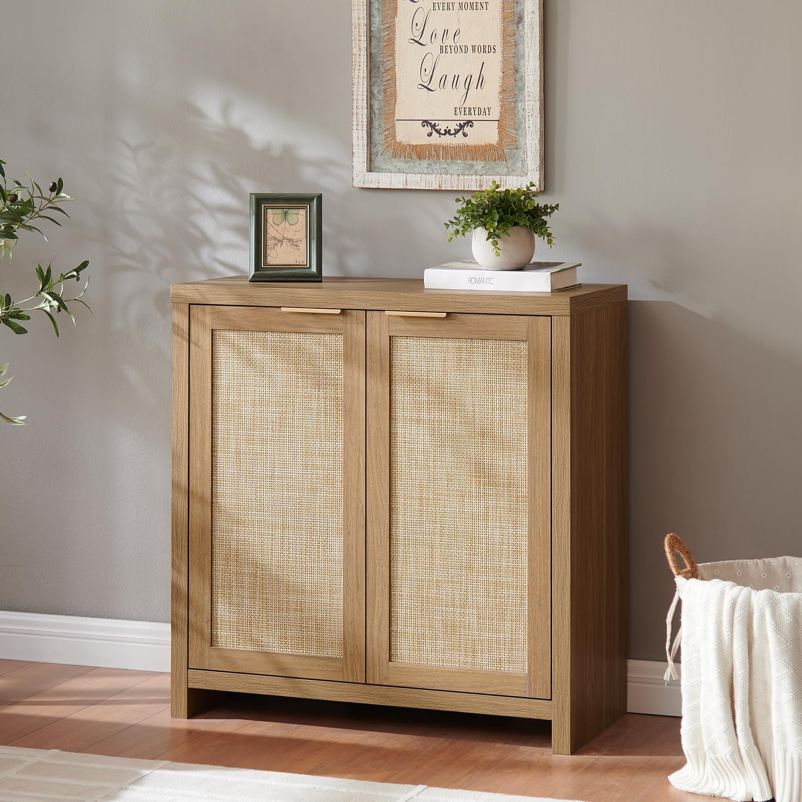 Hampstead Storage Sideboard Cabinet with Rattan Doors - Buffet Kitchen Cabinet with Adjustable Shelves, Accent Cupboard Console for Living Room & Hallway (Weathered Oak) - Perfect for Dining Room Storage, Entryway Organization & Home Decor
