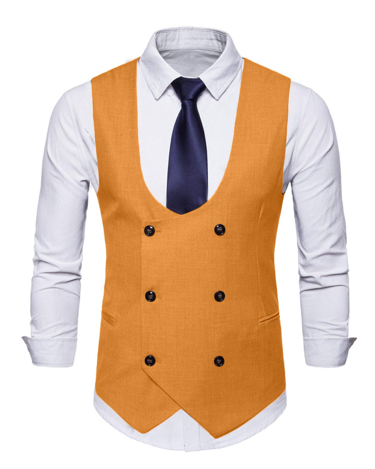MllesReve Men's Slim Fit Waistcoat Vest - U Neck Double Breasted Formal Suit Vest for Wedding, Office & Special Occasions