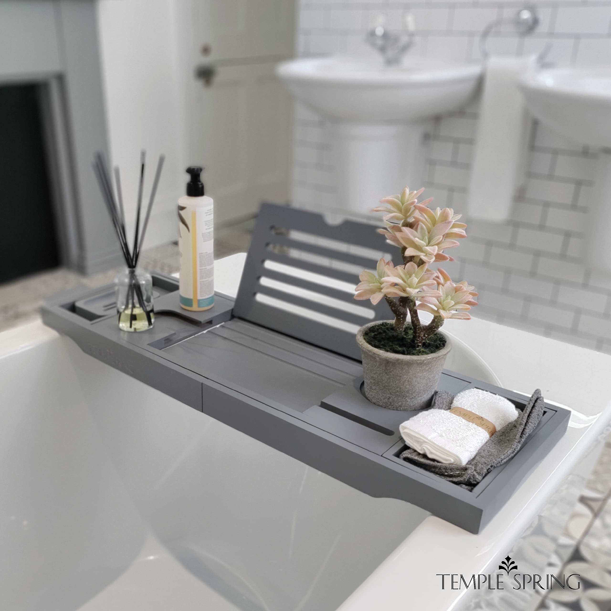 Premium Bamboo Bathtub Tray with Slate Grey Finish - Spa-Quality Wooden Tub Caddy for Bath Essentials, Books & Wine - Perfect Relaxation Accessory for Home Spa & Bubble Baths