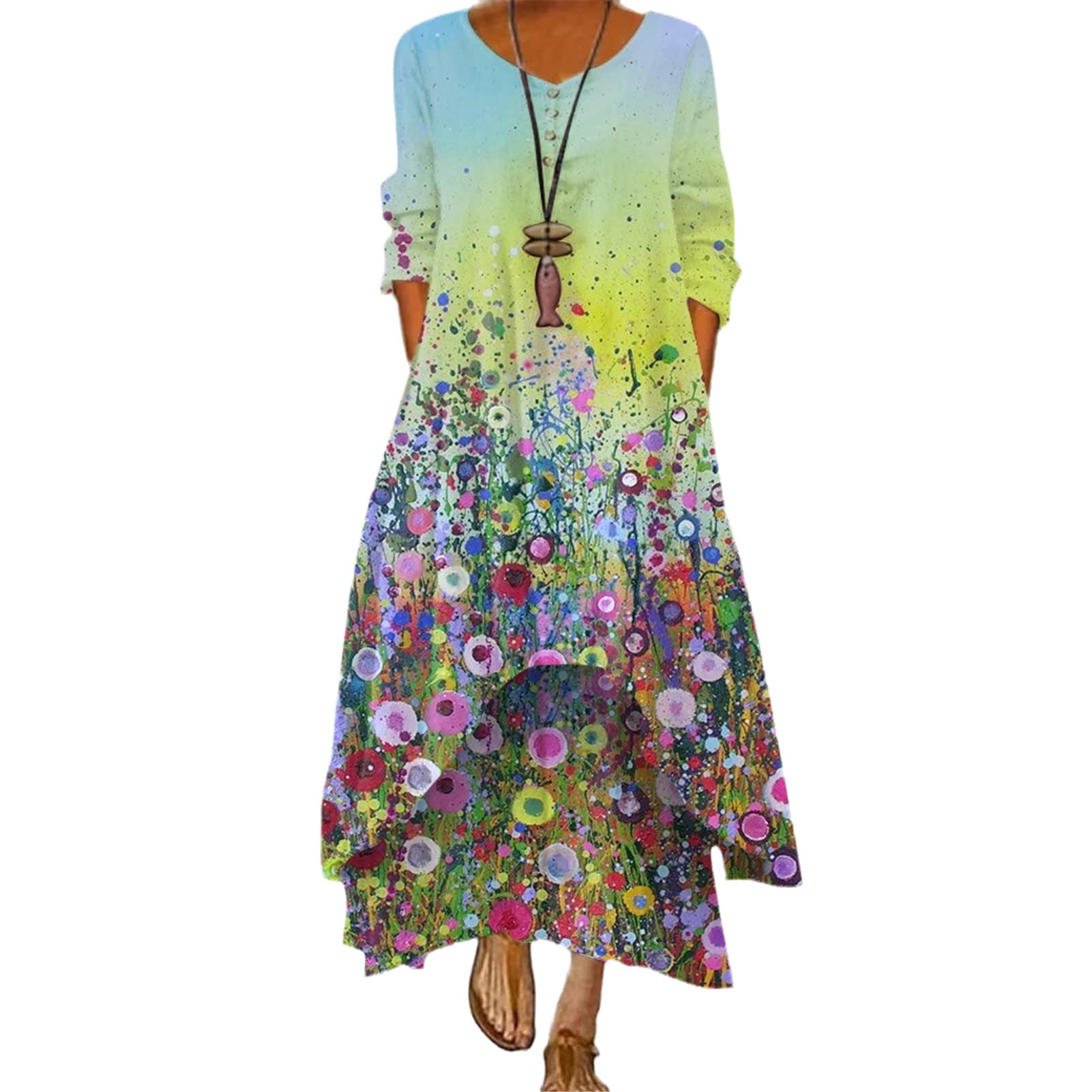 Elegant Floral Maxi Dress for Women - Long Sleeve Loose Summer Evening Party & Beach Dress | Perfect for Weddings, Vacations, and Special Occasions