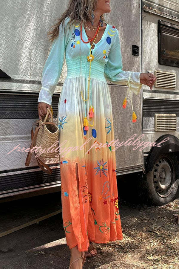 Gigi Unique Pattern Gradient Print Smocked Elastic Waist Fringed Maxi Dress for Women - Boho Chic Summer Beach Party & Vacation Outfit