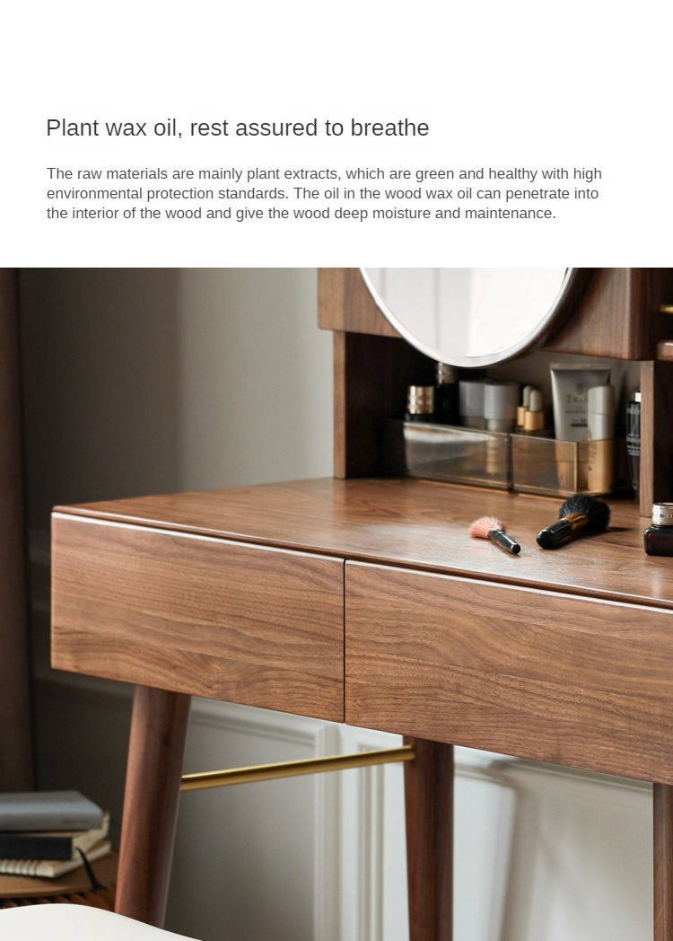 Black Walnut Solid Wood Moon Makeup Mirror Vanity Dressing Table - Elegant Bedroom & Bathroom Decor for Women
