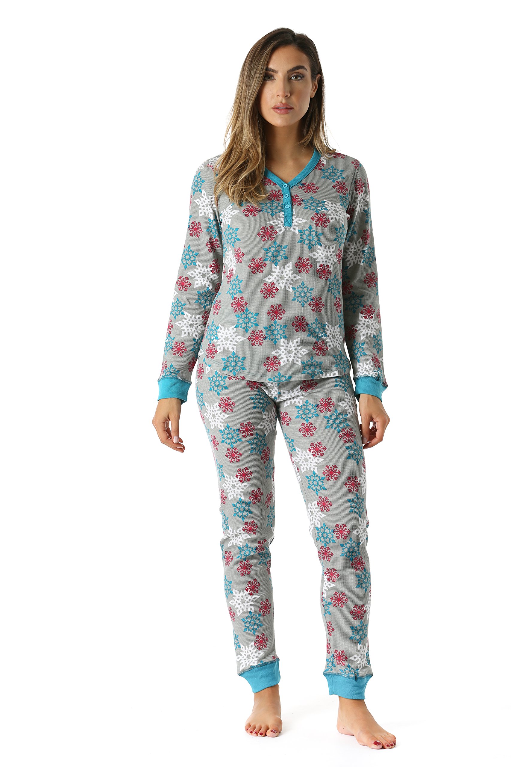 Women's Printed Henley Thermal Underwear Set with Jogger Pants - Soft Long Sleeve Shirt & Fleece Lined Bottoms for Winter, Cold Weather, Lounge & Sleepwear