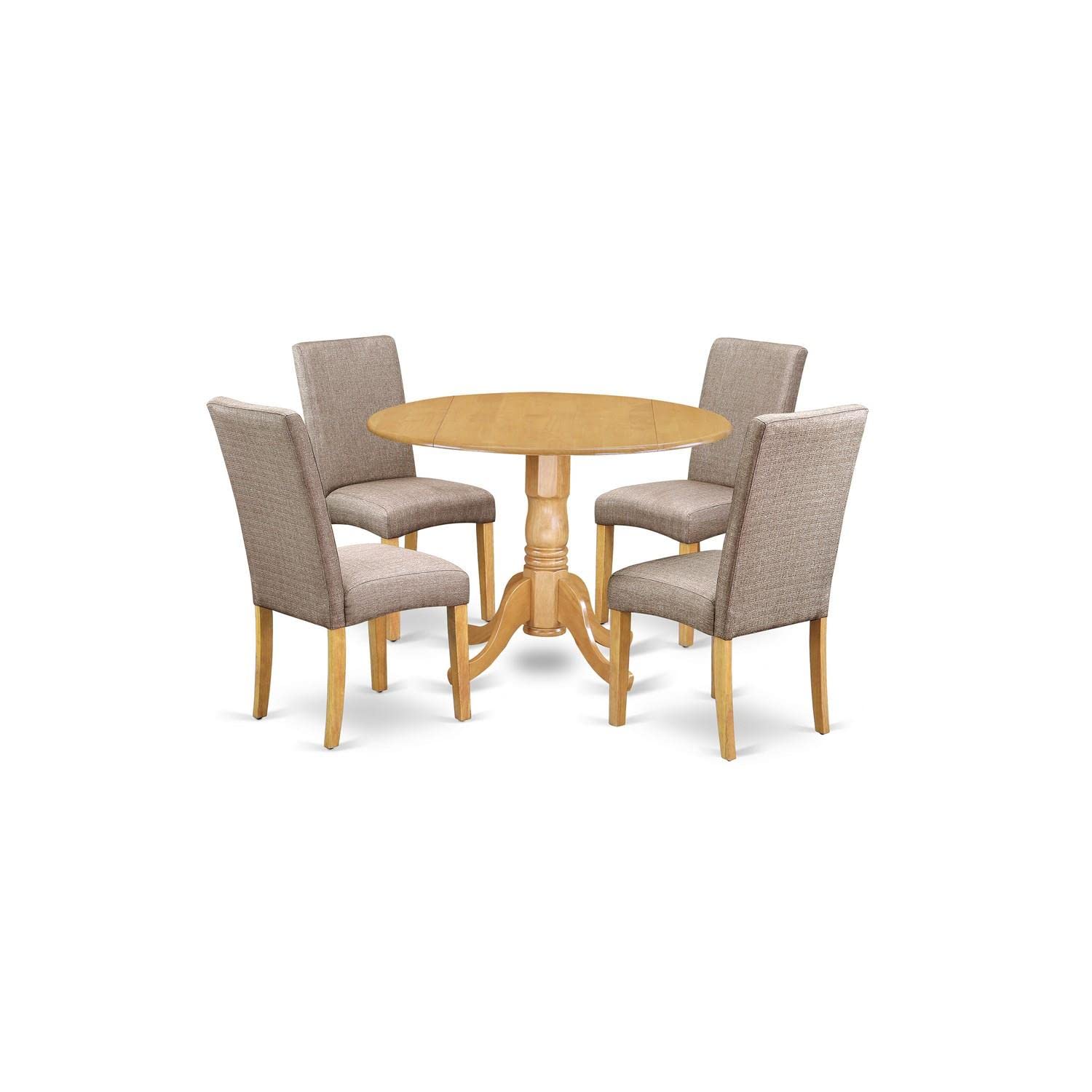 East West Furniture 5-Piece Oak Kitchen Table Set with Round Dropleaf Dining Table & 4 Dark Khaki Linen Chairs - 42x42 Inch - Perfect for Small Dining Rooms, Breakfast Nooks & Cozy Family Meals