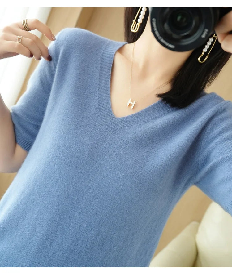 Solid Color V-Neck Half-Sleeve Cashmere Sweater for Women - Soft Thin Knit Casual Top for Office Wear & Fall Layering