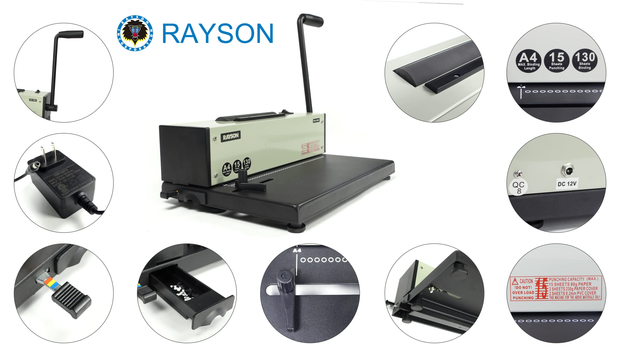 Rayson PD-1501 Electric Coil Binding Machine with Automatic Coil Inserter - Professional 4:1 Pitch Spiral Binder for Presentations, Documents & Reports (46 Round Holes) - Perfect for Office, School & Bookbinding Projects