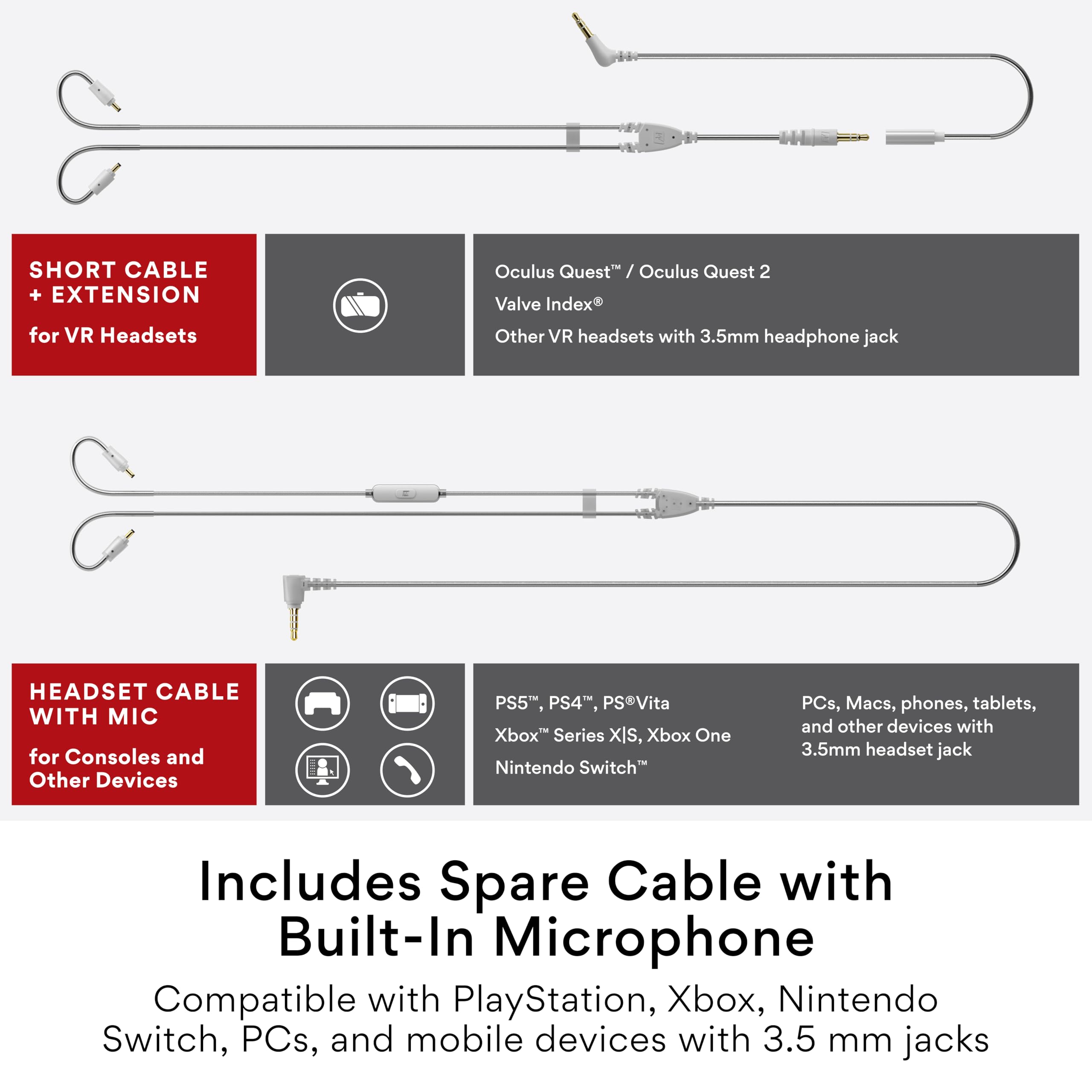 MEE Audio M6 VR Multiplatform In-Ear Gaming Earphones with Headset Mic for PS5, Xbox, Nintendo Switch, PC - Includes Short Cable & Mounting Bracket for Oculus Quest & VR Headsets - Perfect for Immersive VR Gaming & Console Play