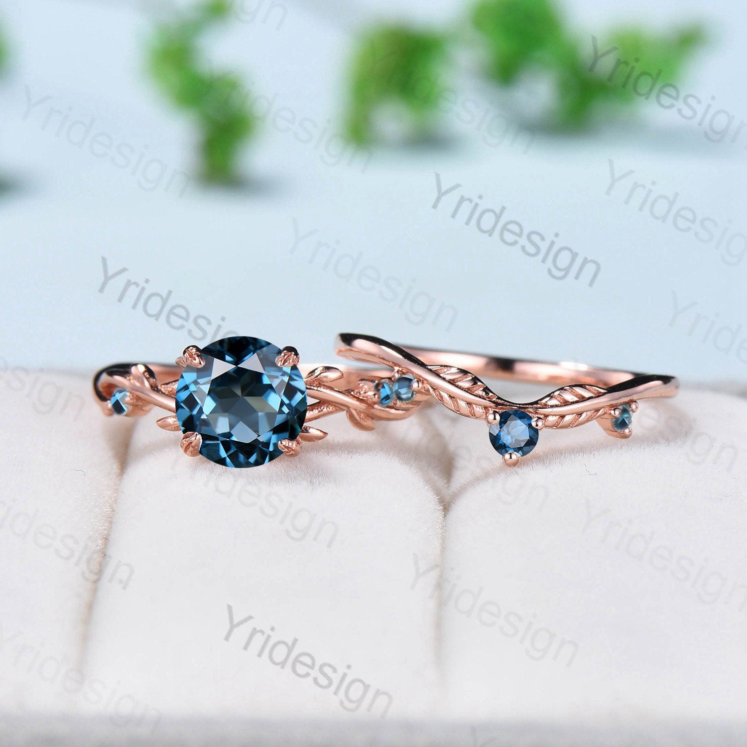 London Blue Topaz Engagement Ring Set in Rose Gold - Natural Inspired Branch Design Wedding Ring for Women - Unique Leaf Anniversary Promise Ring - Perfect for Proposals, Weddings & Special Occasions