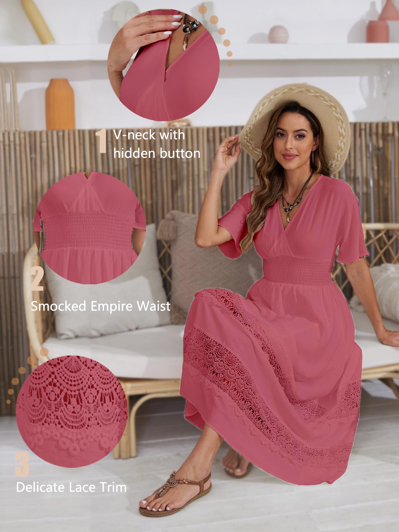 Boho Maxi Dress for Women 2025 - Summer V Neck Lace Wedding Guest Dress with Smocked Waist | Bohemian Long Flowy Dresses for Beach, Party & Special Occasions