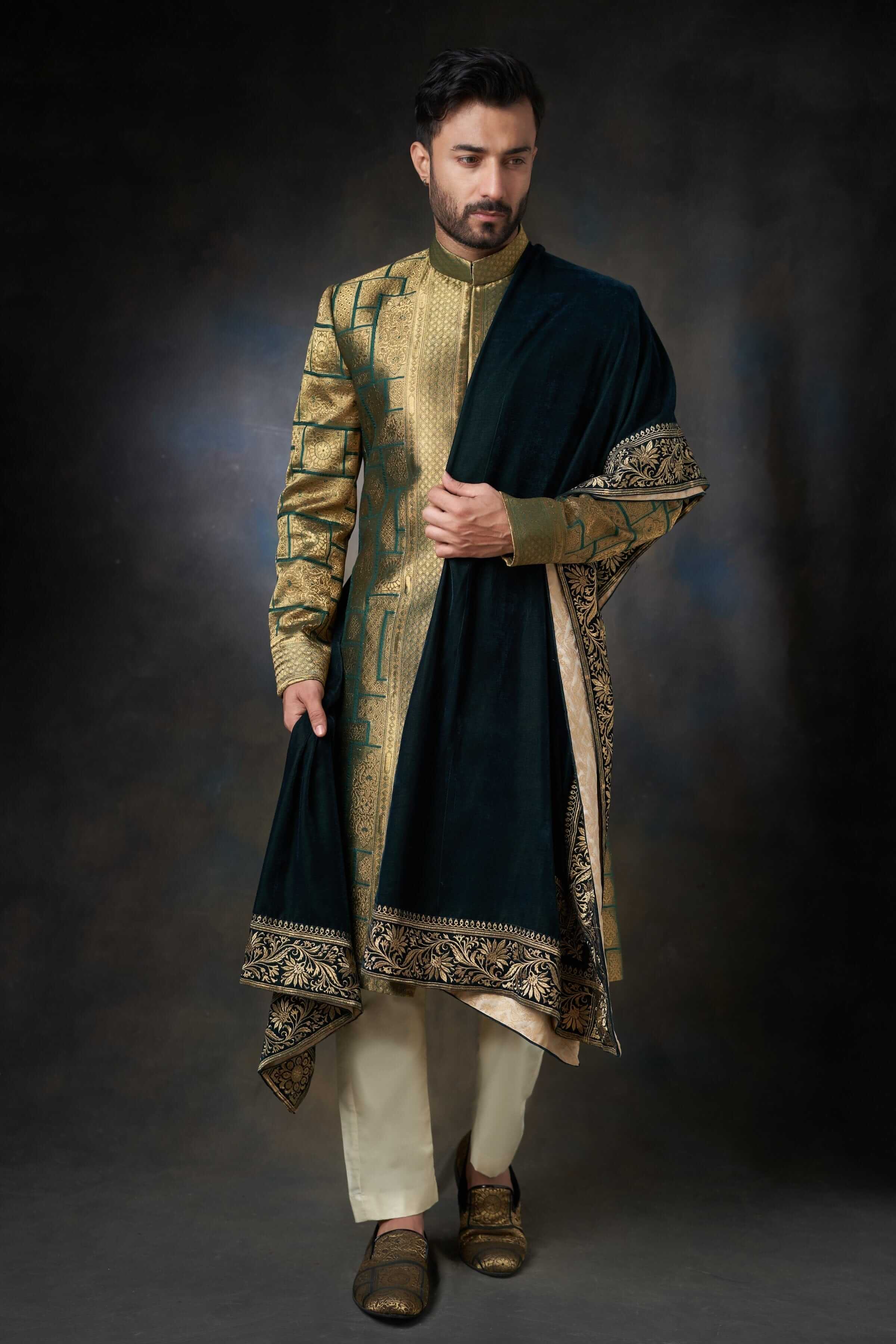 Handcrafted Emerald Green Sherwani with Velvet Shawl - Premium Silk & Zari Embroidery for Weddings, Festivals & Special Occasions